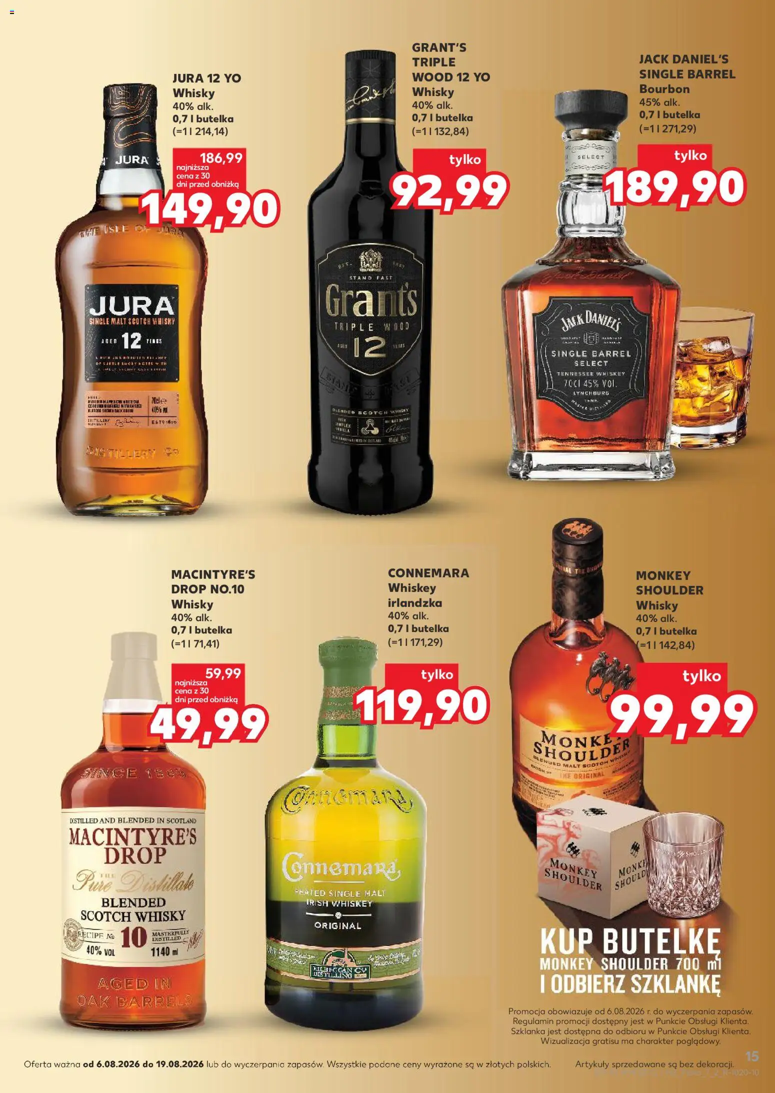 Kaufland Polsko leták - Barek od 06.08.2026 | Strana: 15 | Produkty: Whiskey, Bourbon, Monkey Shoulder, Jack Daniel’s