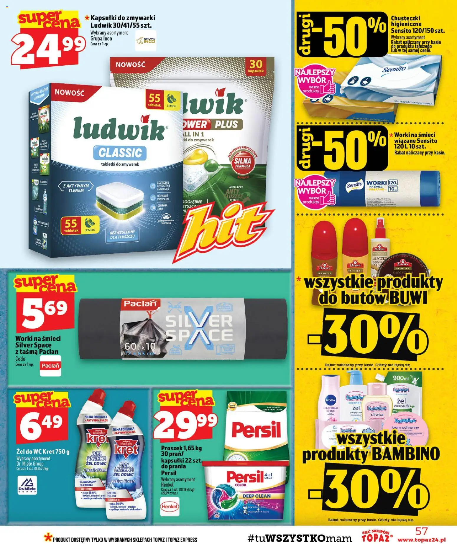 Topaz gazetka od 29.10.2026 | Strona: 57 | Produkty: Worki na śmieci, Chusteczki, Prysznic, Kapsułki do zmywarki