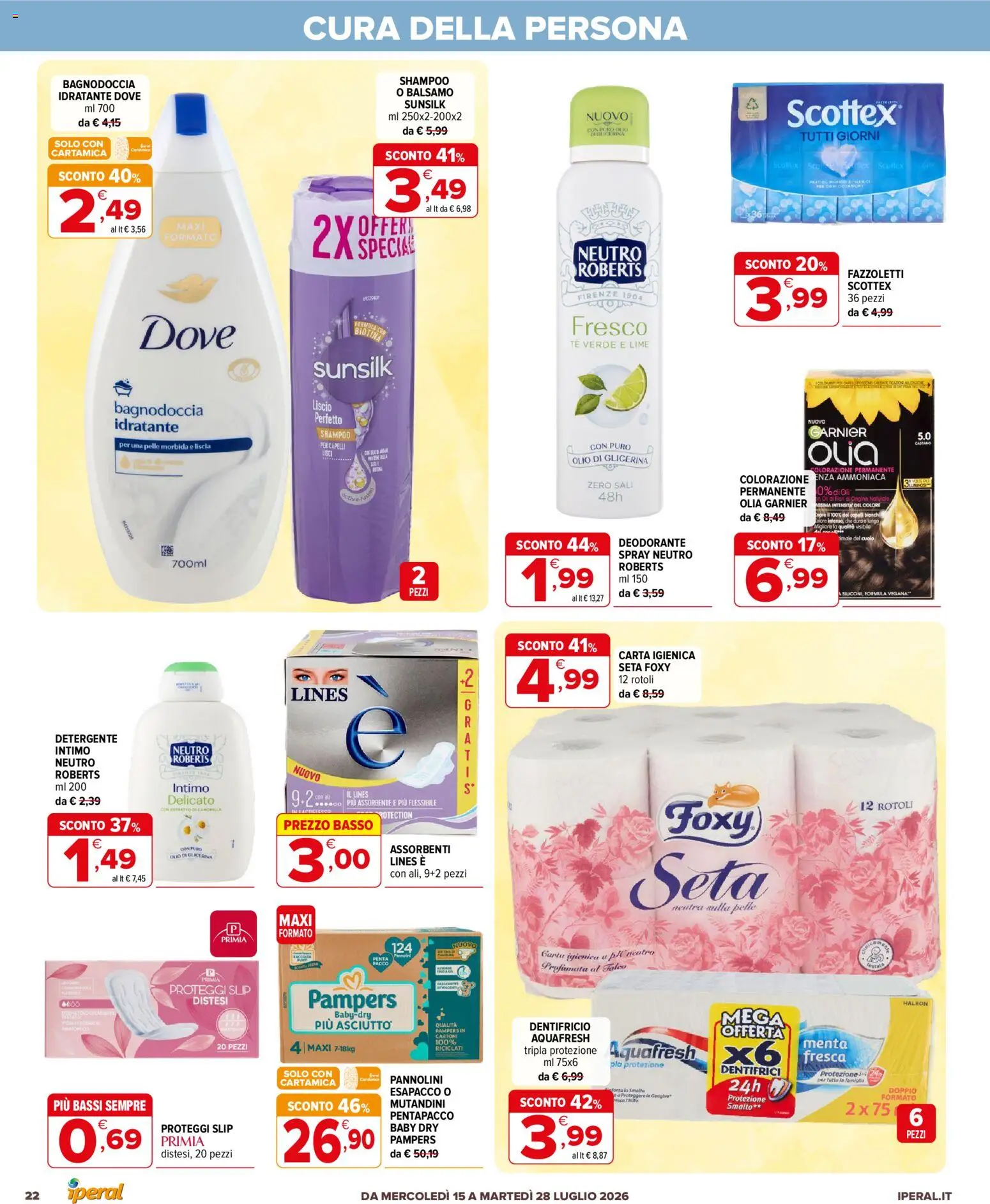 Volantino Iperal del 15/07/2026 | Pagina: 22 | Prodotti: Shampoo, Balsamo, Deodorante, Detergente intimo