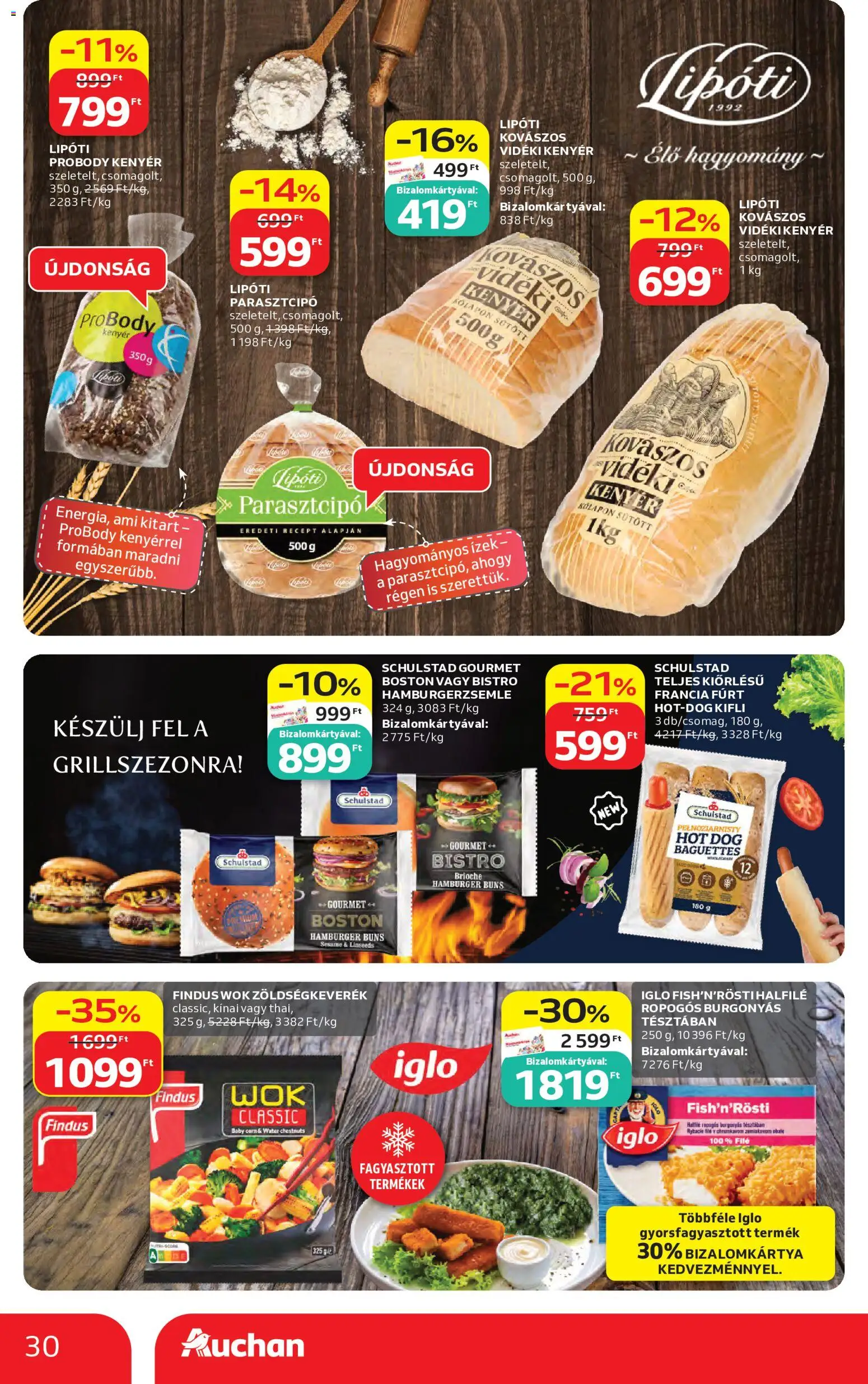 Auchan akciós ujság - amely érvényes a következő dátumtól: 07.05.2026 | Oldal: 30 | Termékek: Zöldségkeverék, Hamburger, Kifli, Hamburgerzsemle