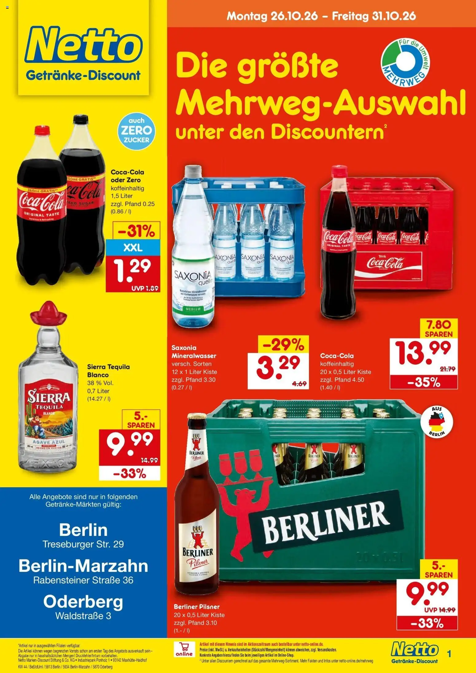 Netto Marken-Discount Prospekt Berlin-Marzahn – gültig ab 26.10.2026 | Seite: 1 | Produkte: Cola, Mineralwasser, Zucker, Berliner pilsner