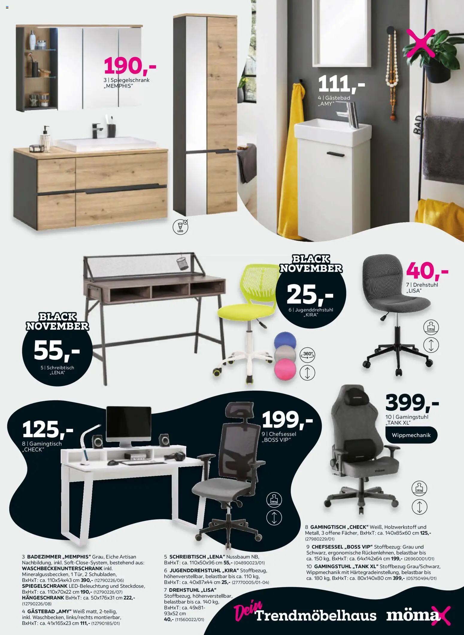 Mömax Black November – gültig ab 25.10.2026 | Seite: 13 | Produkte: Spiegelschrank, Hängeschrank, Gamingstuhl, Chefsessel