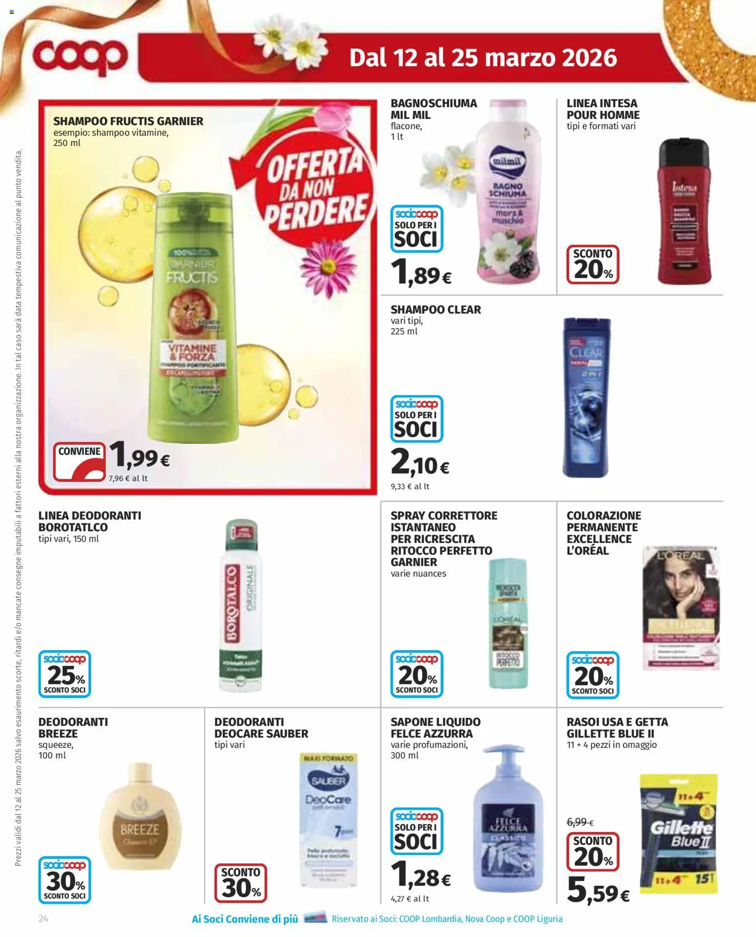 Volantino COOP del 12.03.2026 | Pagina: 24 | Prodotti: Shampoo, Sapone, Bagnoschiuma, Data