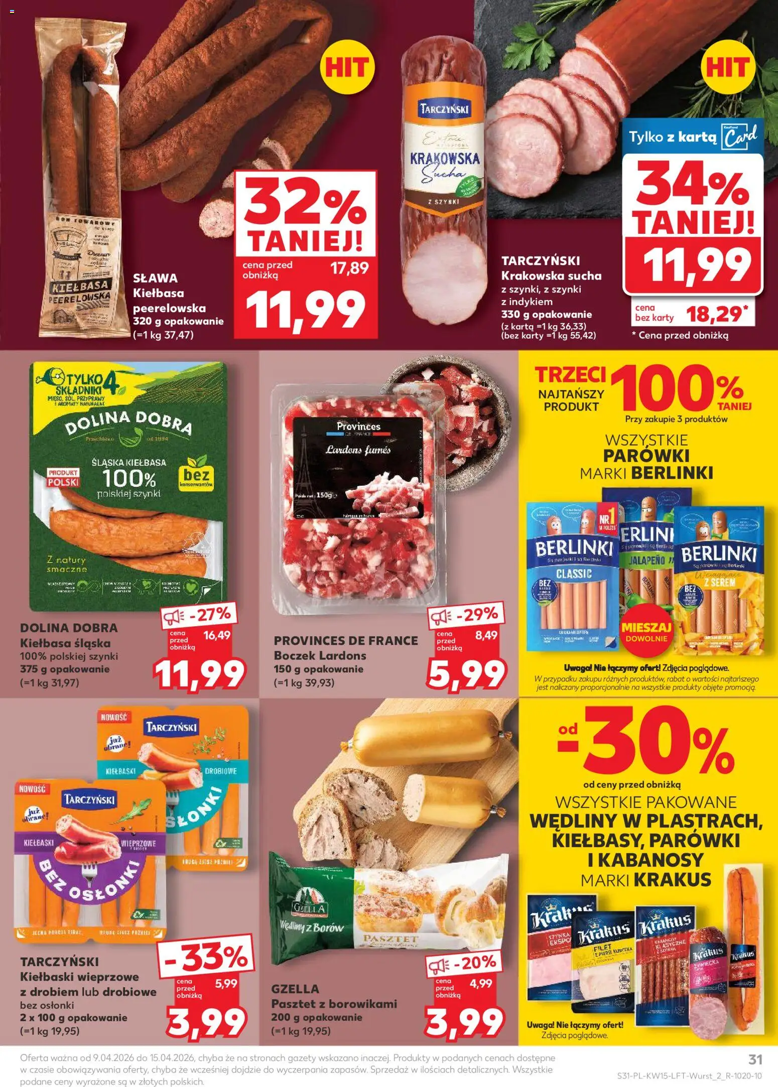 Kaufland gazetka od 09.04.2026 | Strona: 31 | Produkty: Kiełbasa, Karta, Kabanosy, Parówki