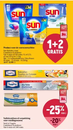 Sun (behalve zout) Combineer & profiteer Van 4 stuks tot 60 stuks, 1 L of 1,5 L of van 120 g tot 2,5 kg Bijv.: 3 x vaatwastabletten, Ultra Power, 18 stuks - 0,24/stuk - 14,58/kg 38,97 12,99 /3, Sun vaatwastabletten, Ultra Power, 18 stuks - Voorbeeld van een folder van Delhaize, geldig van 01/10/2026 | Pagina: 45
