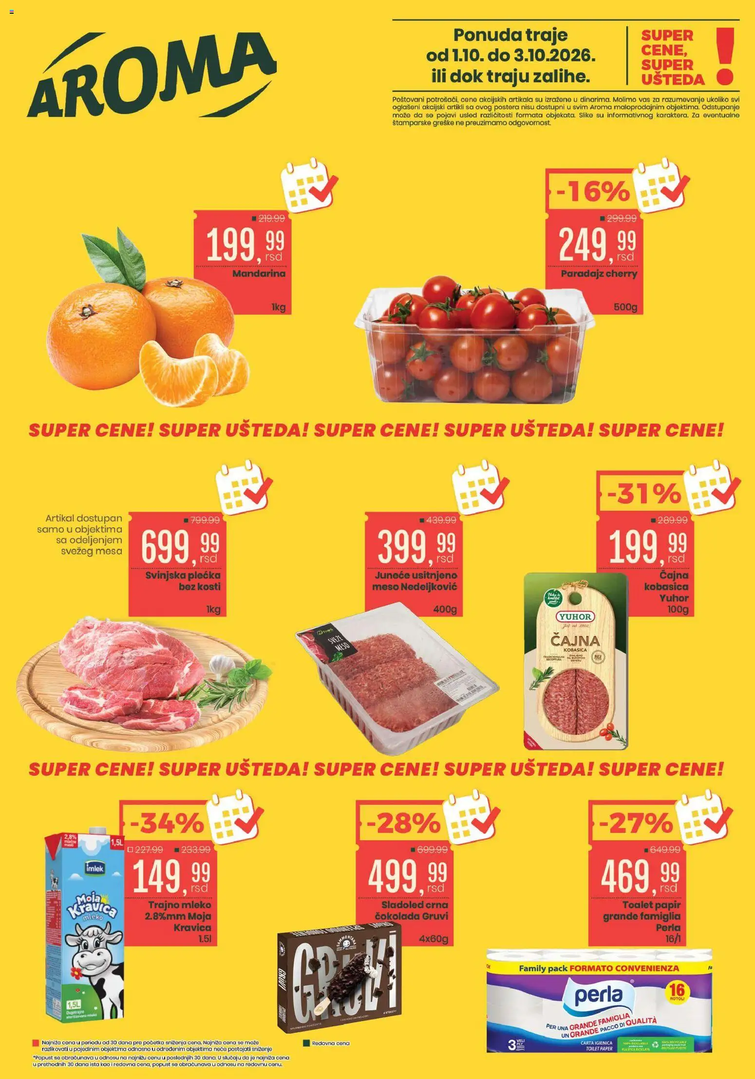Aroma Market katalog - važi od 01.10.2026 | Strana: 1 | Proizvode: Toalet papir, Mleko, Čokolada, Paradajz