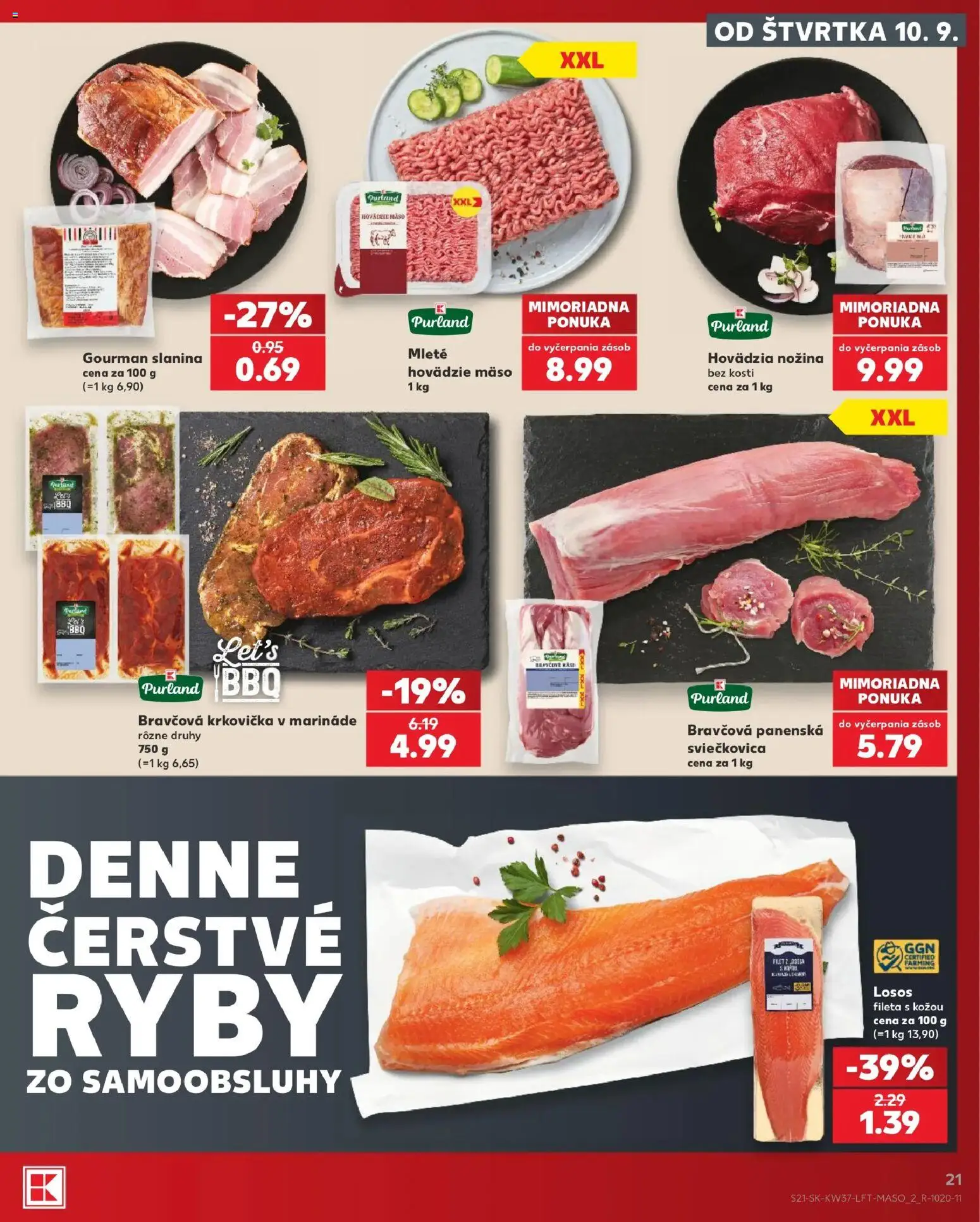 Nové Kaufland akcie – leták je platný od 10.09.2026 | Strana: 21 | Produkty: Ryby, Slanina, Hovädzie mäso, Krkovička