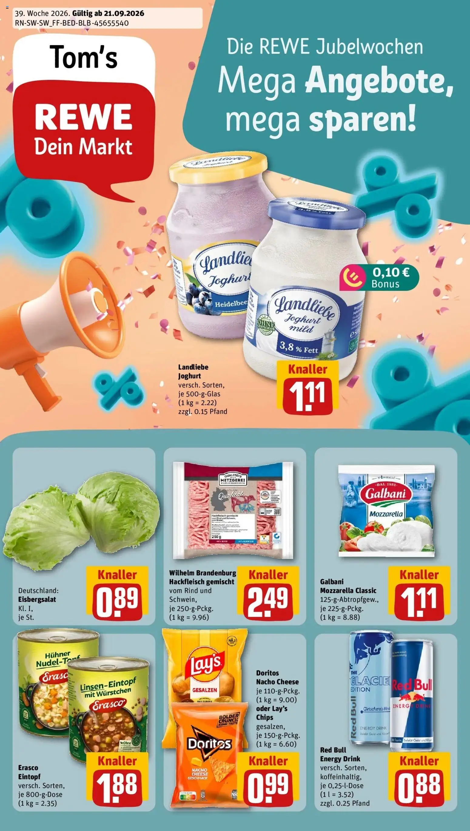 REWE Prospekt ab 21.09.2026 zum Blättern » Angebote | Seite: 1 | Produkte: Red bull, Energy, Joghurt, Hackfleisch
