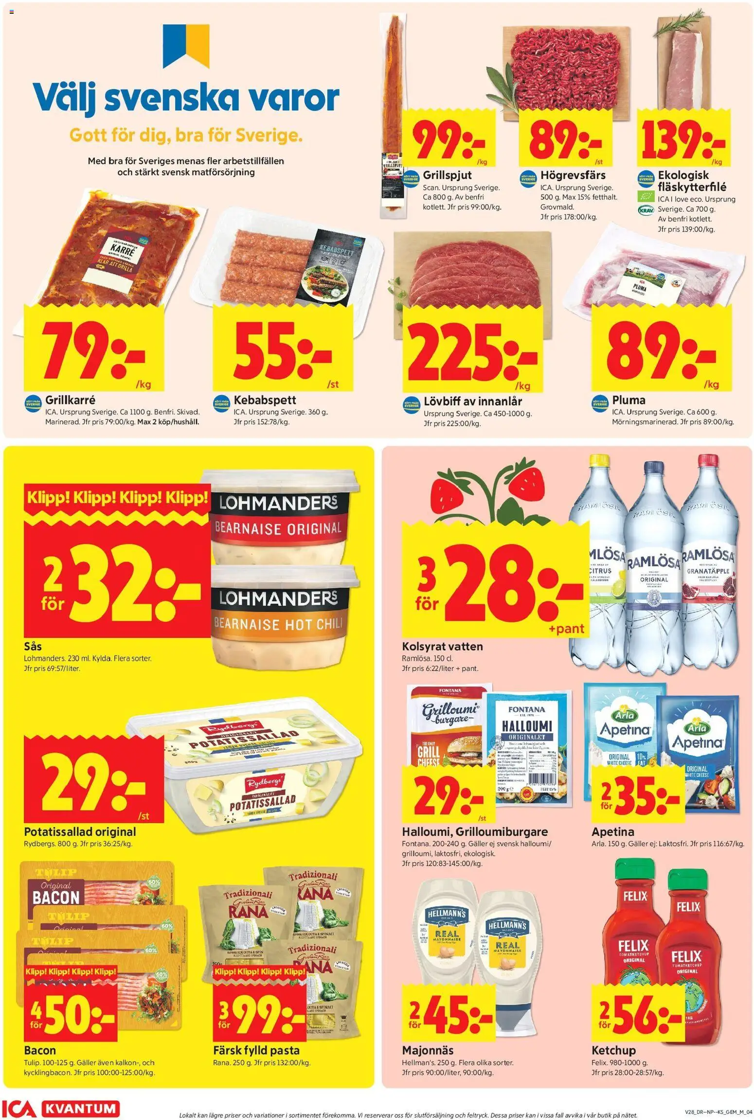 ICA Kvantum reklamblad aktuell från 06/07/2026 | Sida: 4 | Produkter: Bacon, Lövbiff, Majonnäs, Pasta
