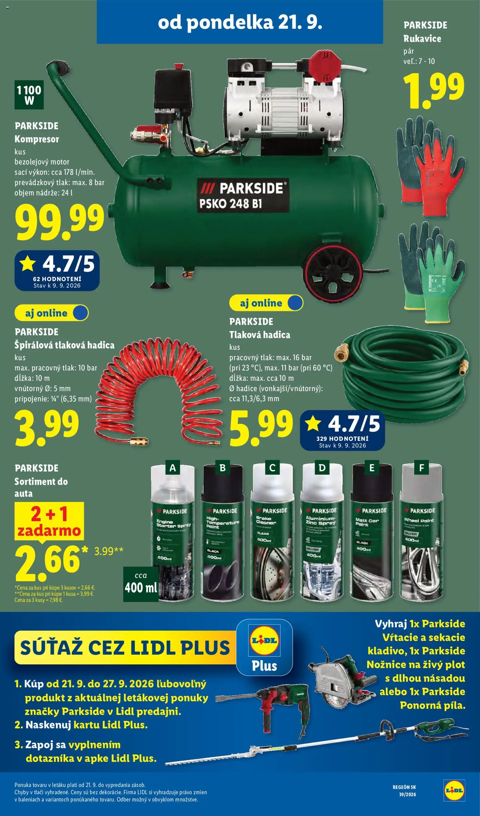 Nové Lidl akcie – leták je platný od 21.09.2026 | Strana: 59 | Produkty: Nožnice na živý plot, Kompresor, Parkside, Rukavice