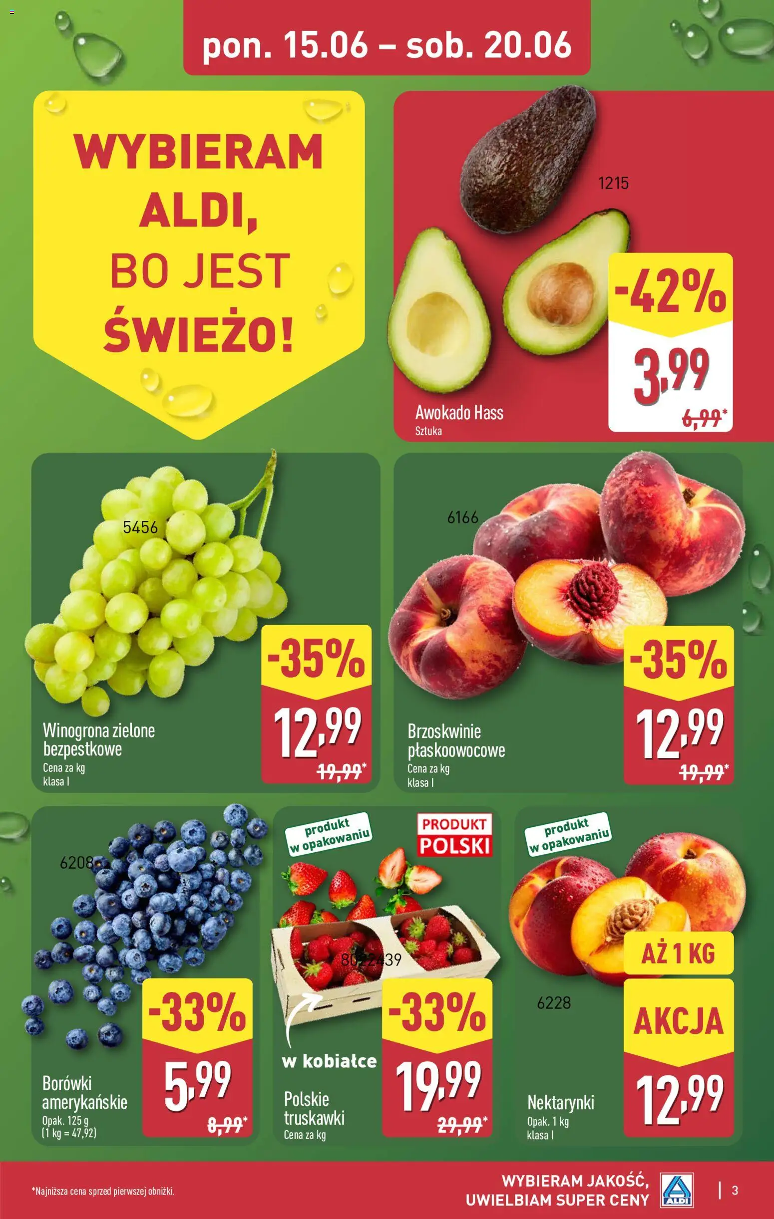 Aldi gazetka od 15.06.2026 | Strona: 3 | Produkty: Winogrona, Brzoskwinie, Truskawki, Awokado