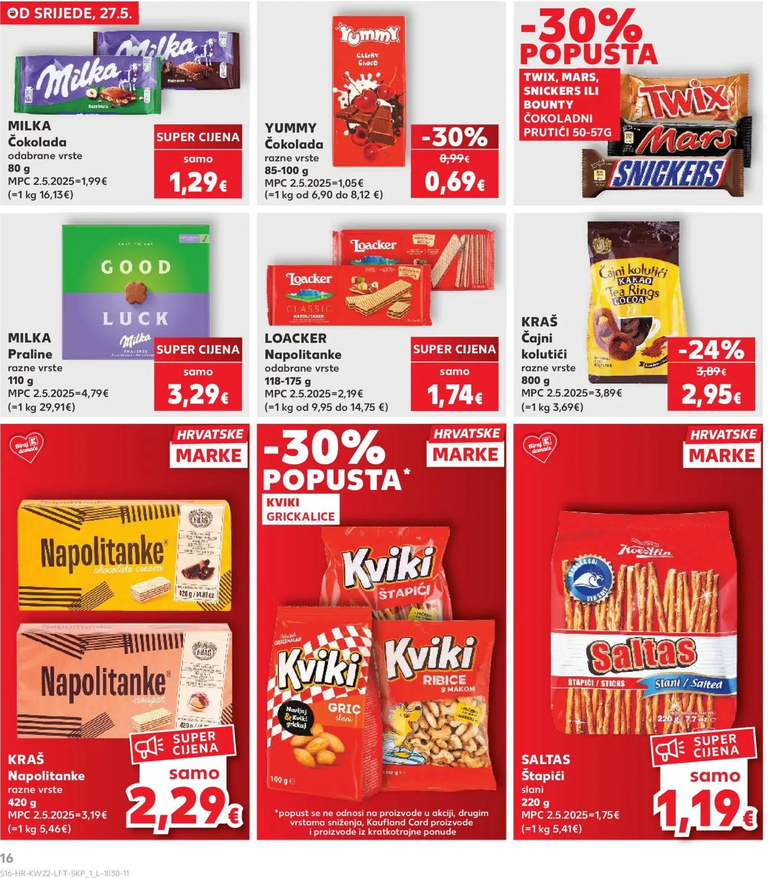 Kaufland katalog | vrijedi od 27.05.2026 | Stranica: 16 | Proizvodi: Čajni kolutići, Praline, Snickers, Napolitanke