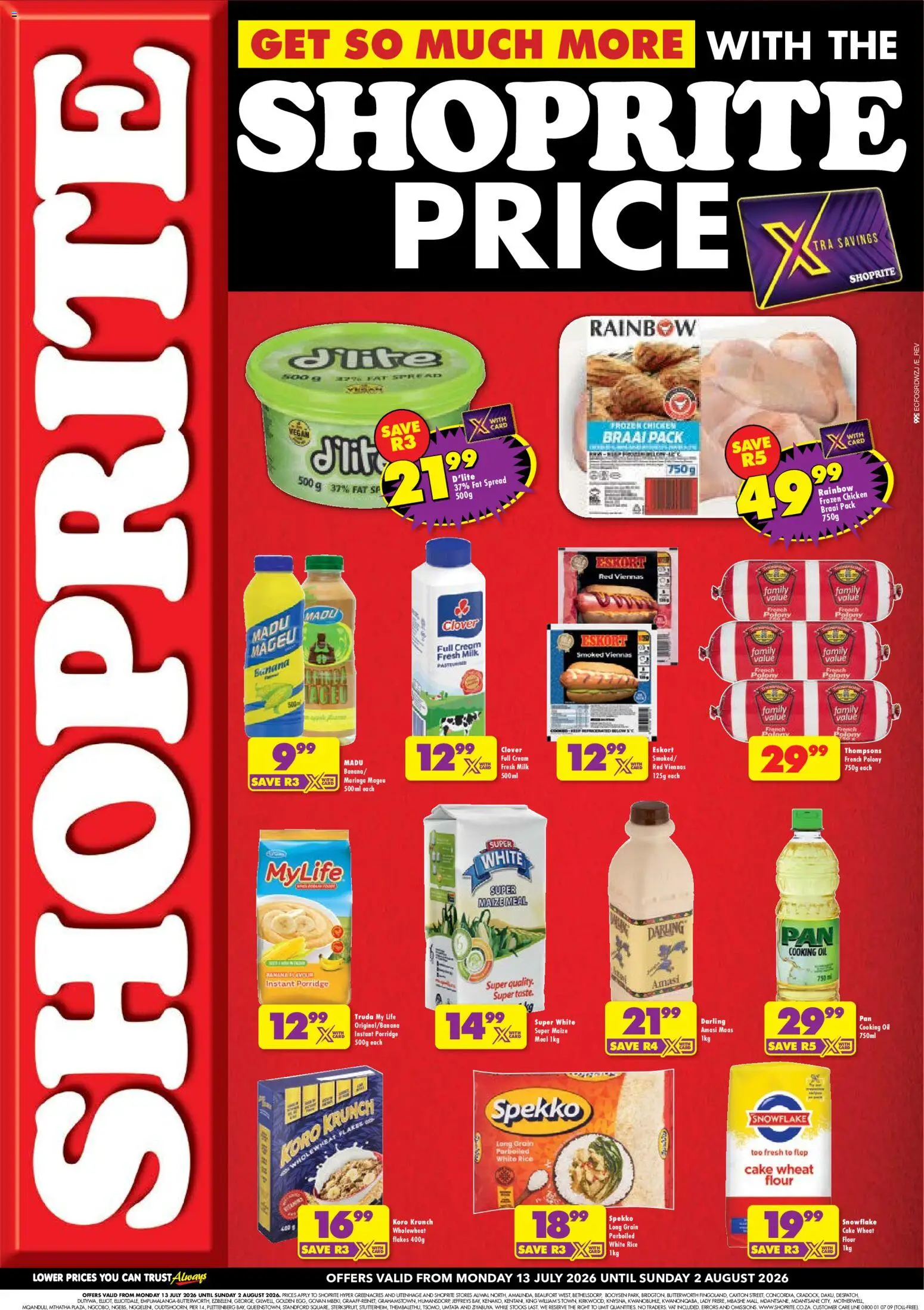 New Shoprite catalogue – valid from 13/07/2026 | Page: 1 | Products: Flour, Polony, Chicken, Rice