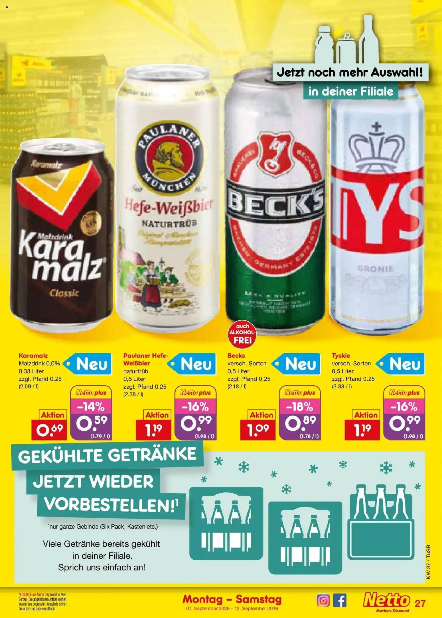 Netto Marken-Discount Prospekt Sindelfingen – gültig ab 07.09.2026 | Seite: 37 | Produkte: Tyskie, Weißbier, Alkohol, Paulaner