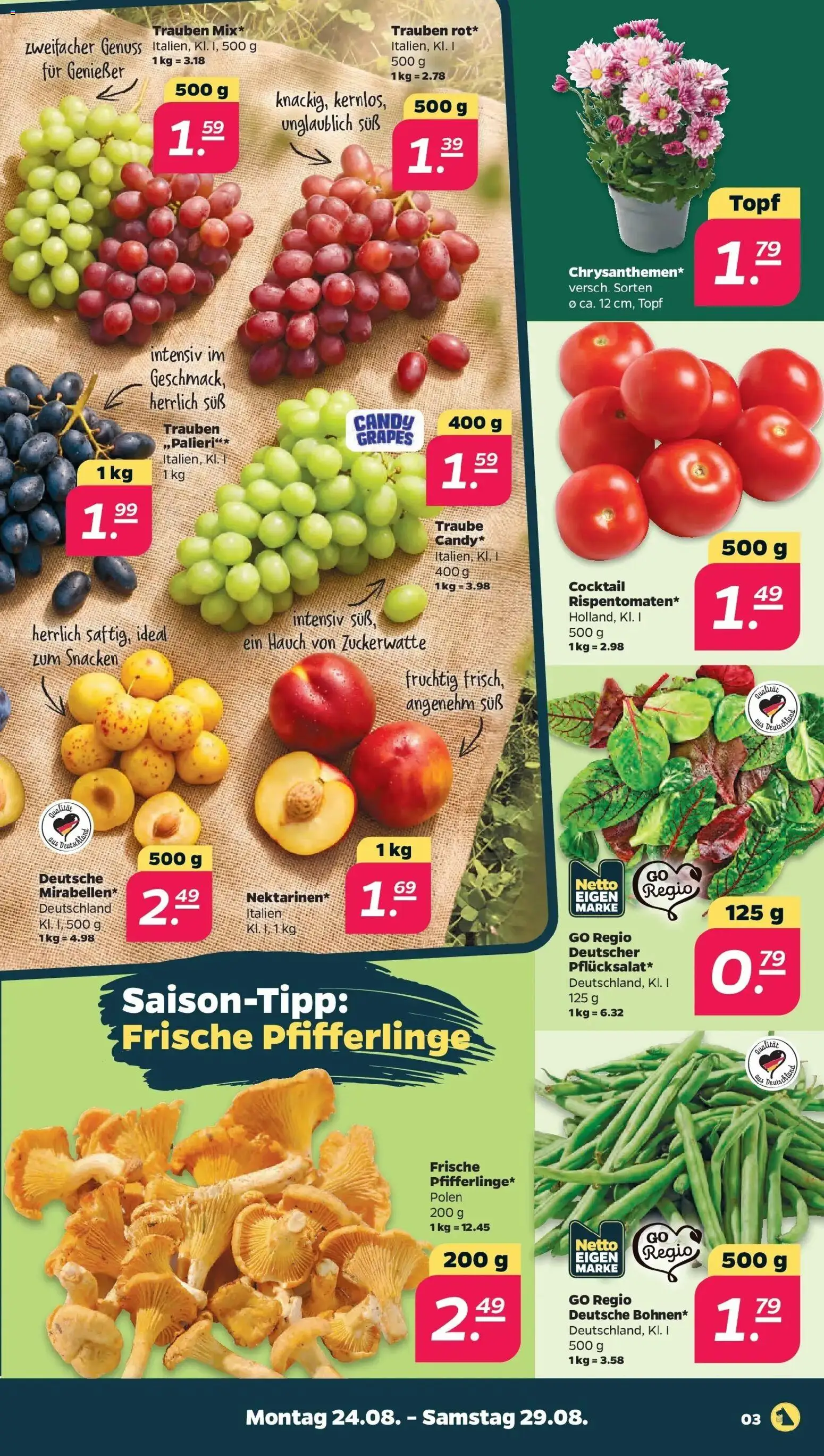 Netto Aktueller Prospekt ab 23.08.2026 → Angebote nächste Woche | Seite: 3 | Produkte: Trauben, Pfifferlinge