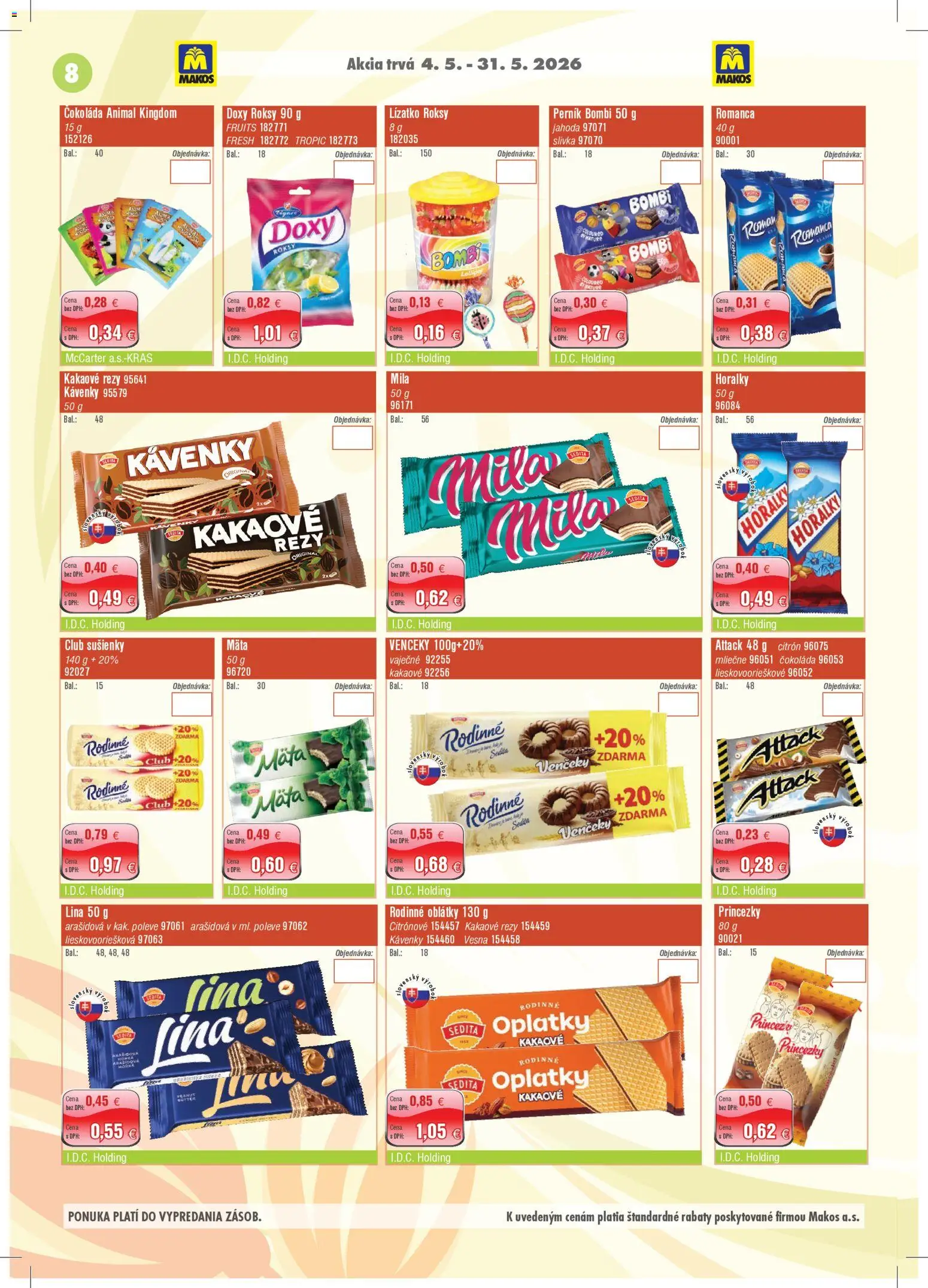 Nové Makos akcie – leták je platný od 04.05.2026 | Strana: 8 | Produkty: Čokoláda, Mila, Horálky