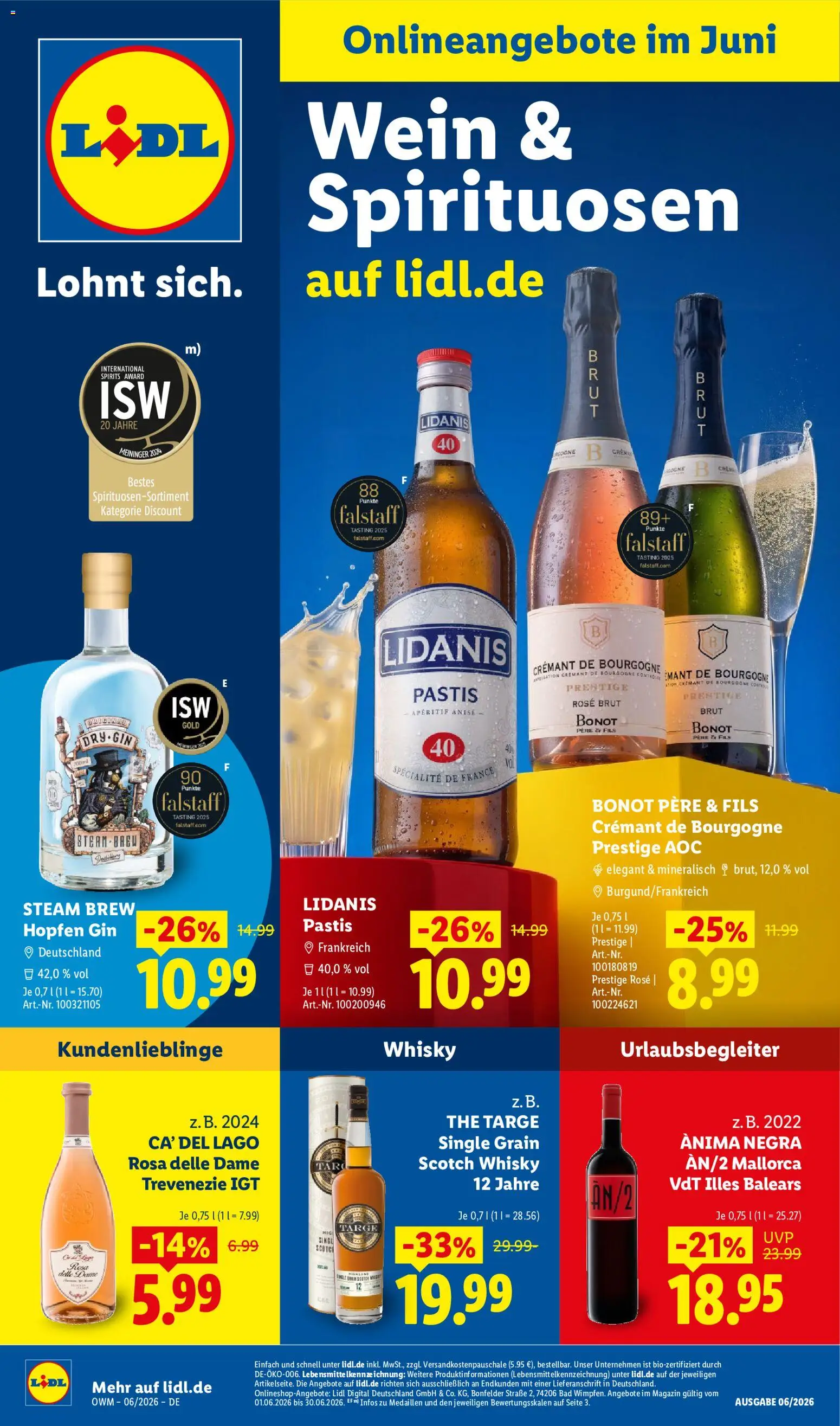 Lidl Německo leták - Wein & Spirituosen od 01.06.2026 | Strana: 1 | Produkty: Gin, Whisky, Pastis
