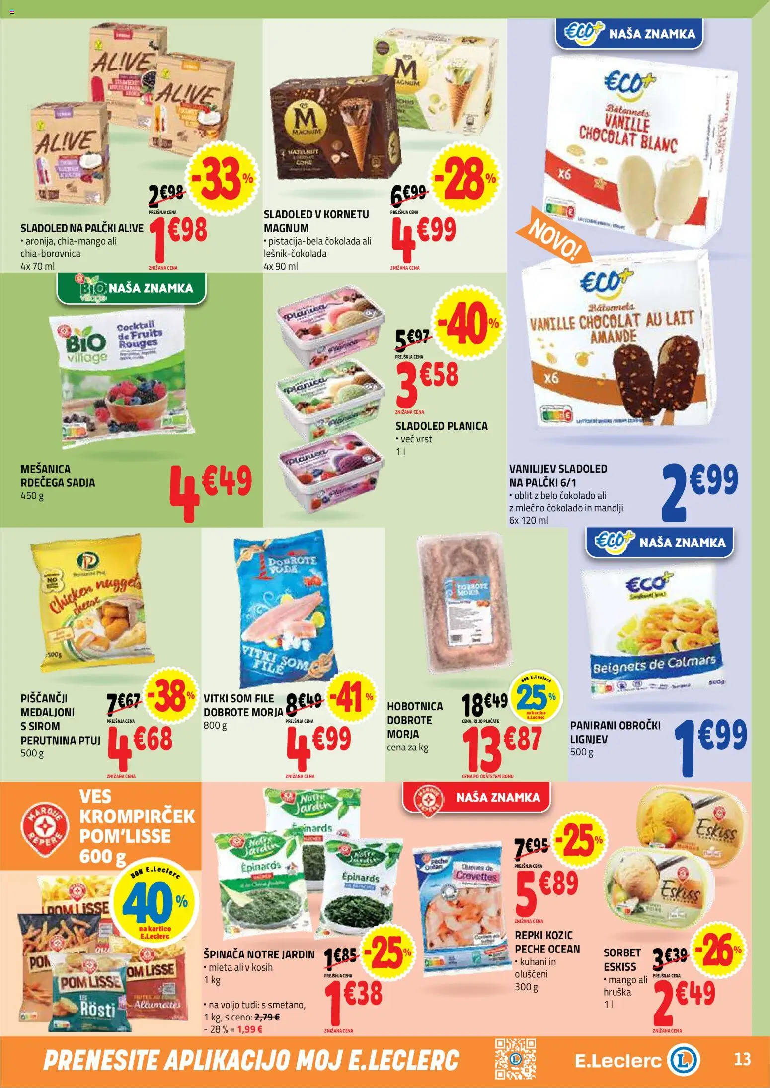 Novi E.leclerc katalog ponudbe – veljaven od 22.07.2026 | Stran: 13 | Izdelki: Hobotnica, Mandlji, Sladoled, Mango