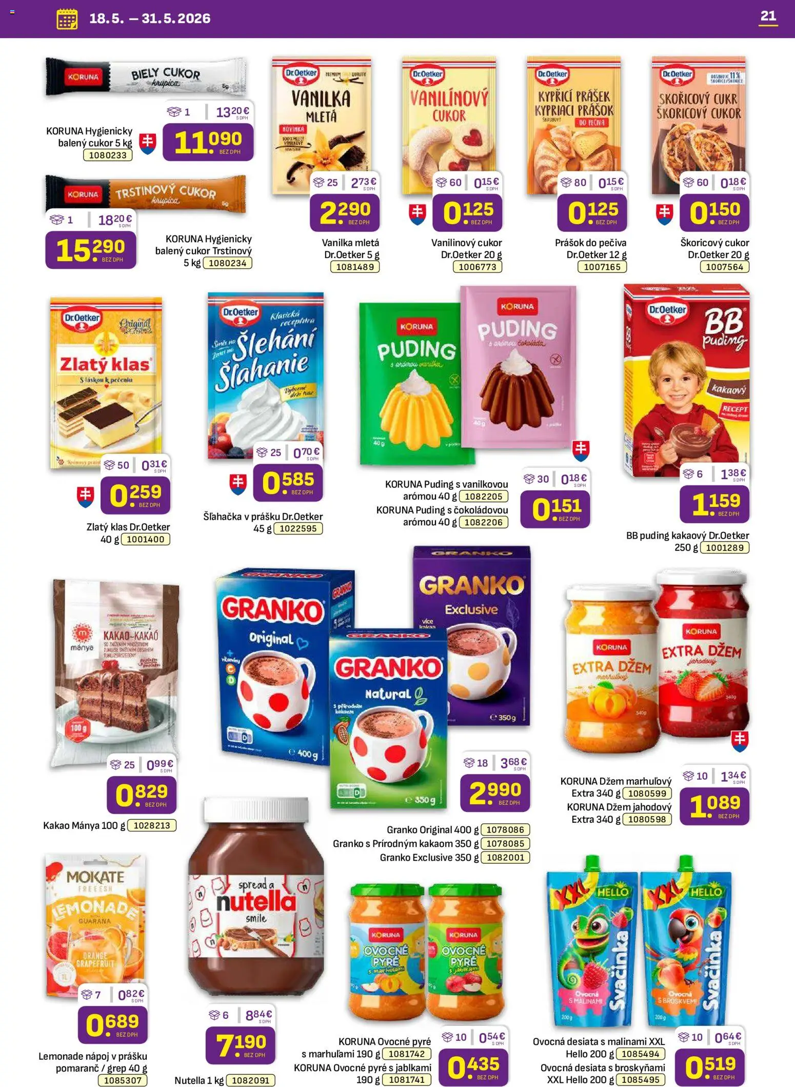 Nové Libex akcie – leták je platný od 18.05.2026 | Strana: 21 | Produkty: Prášok do pečiva, Zlatý klas, Granko, Kakao