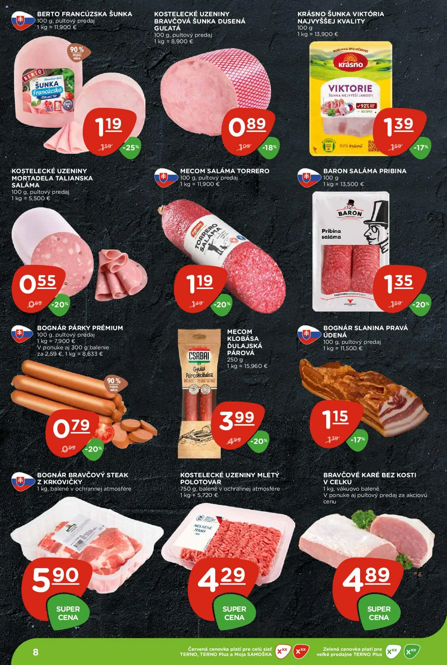 Nové Terno akcie – leták je platný od 13.08.2026 | Strana: 8 | Produkty: Klobása, Bravčový steak, Párky, Mortadela
