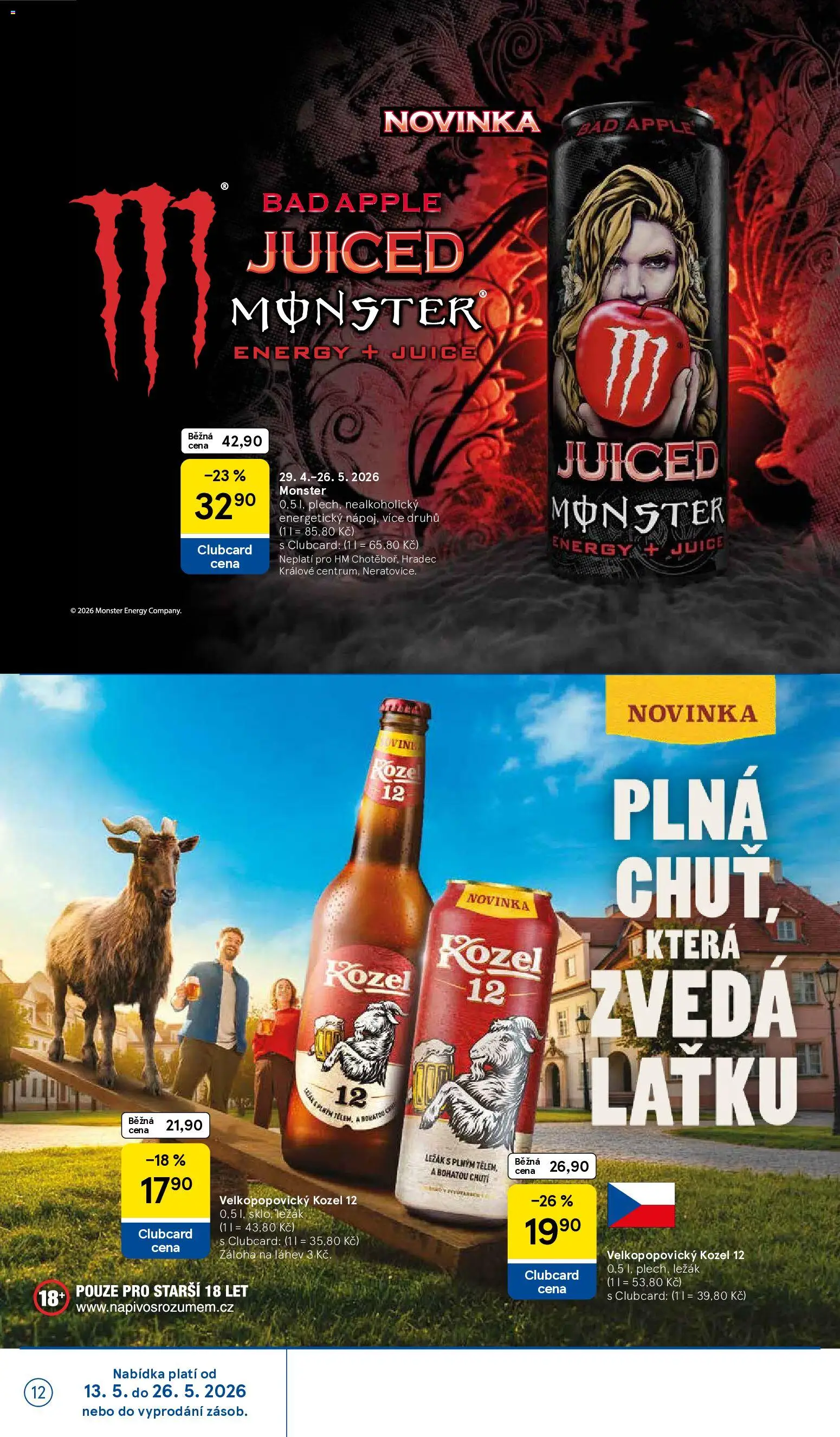 Tesco leták - Hypermarket od 13.05.2026 | Strana: 12 | Produkty: Velkopopovický Kozel 12, Velkopopovický Kozel, Monster Energy, Energy drink