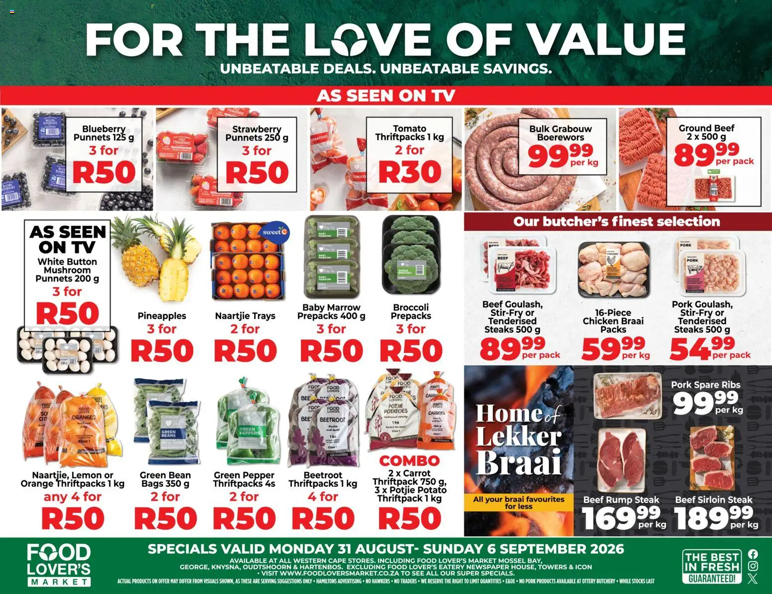New Food Lover's Market catalogue – valid from 31/08/2026 | Page: 1 | Products: Rump steak, TV, Chicken, Pork