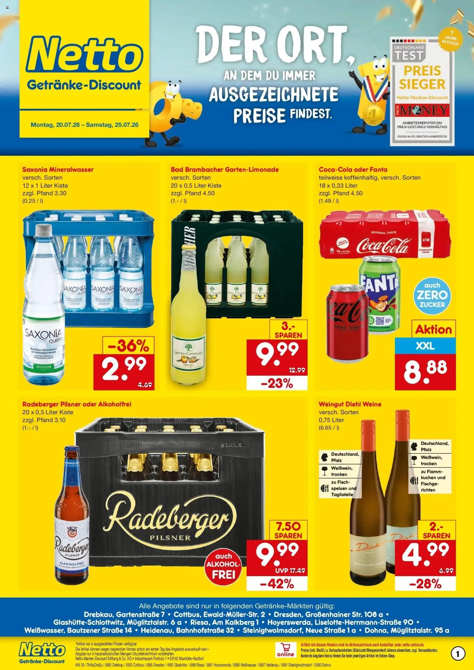 Netto Marken-Discount Prospekt Riesa – gültig ab 20.07.2026 | Seite: 1 | Produkte: Fanta, Mineralwasser, Kuchen, Radeberger pilsner