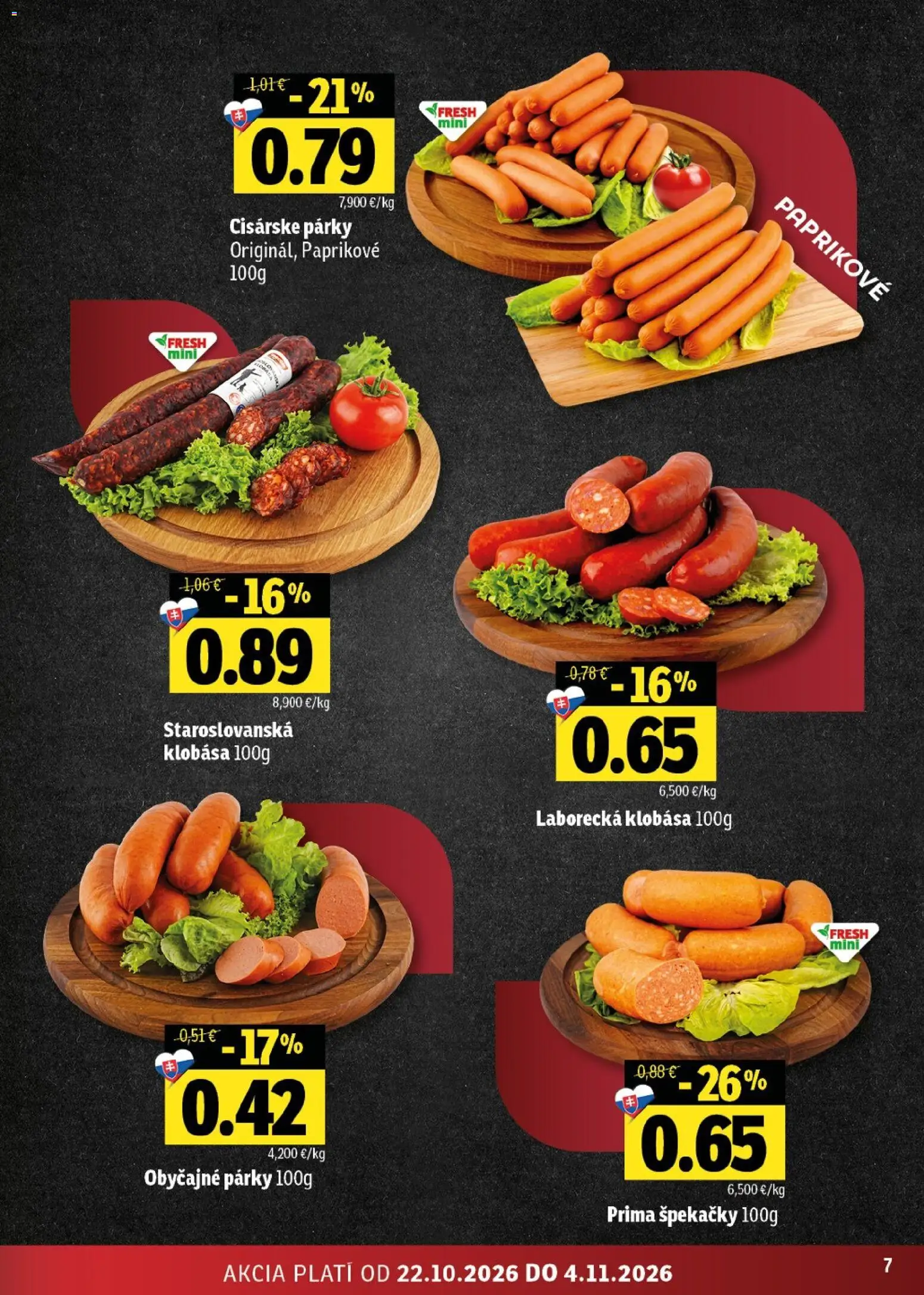 Nové Fresh akcie – leták je platný od 22.10.2026 | Strana: 7 | Produkty: Klobása, Párky