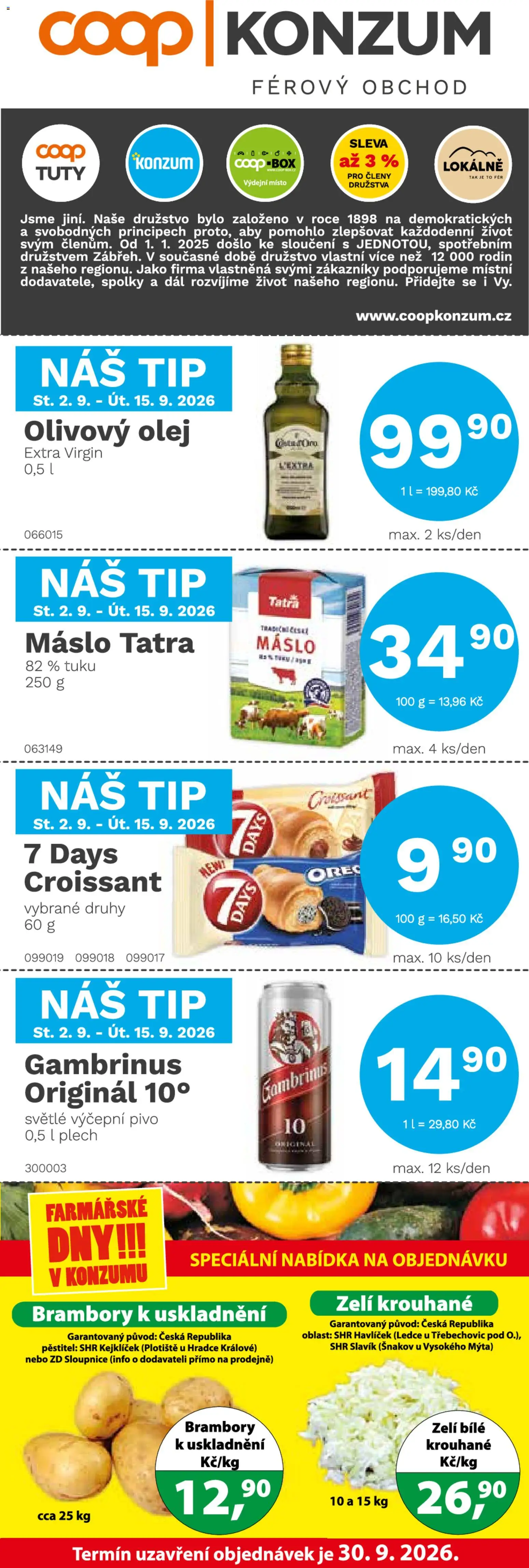 Konzum leták od 02.09.2026 | Strana: 1 | Produkty: Box, Máslo, Olej, Gambrinus