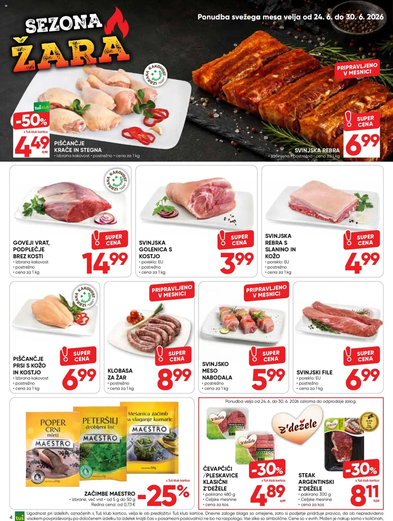 Novi Tuš katalog ponudbe – veljaven od 24.06.2026 | Stran: 4 | Izdelki: Zar, Pleskavice, Kos, Nabodala