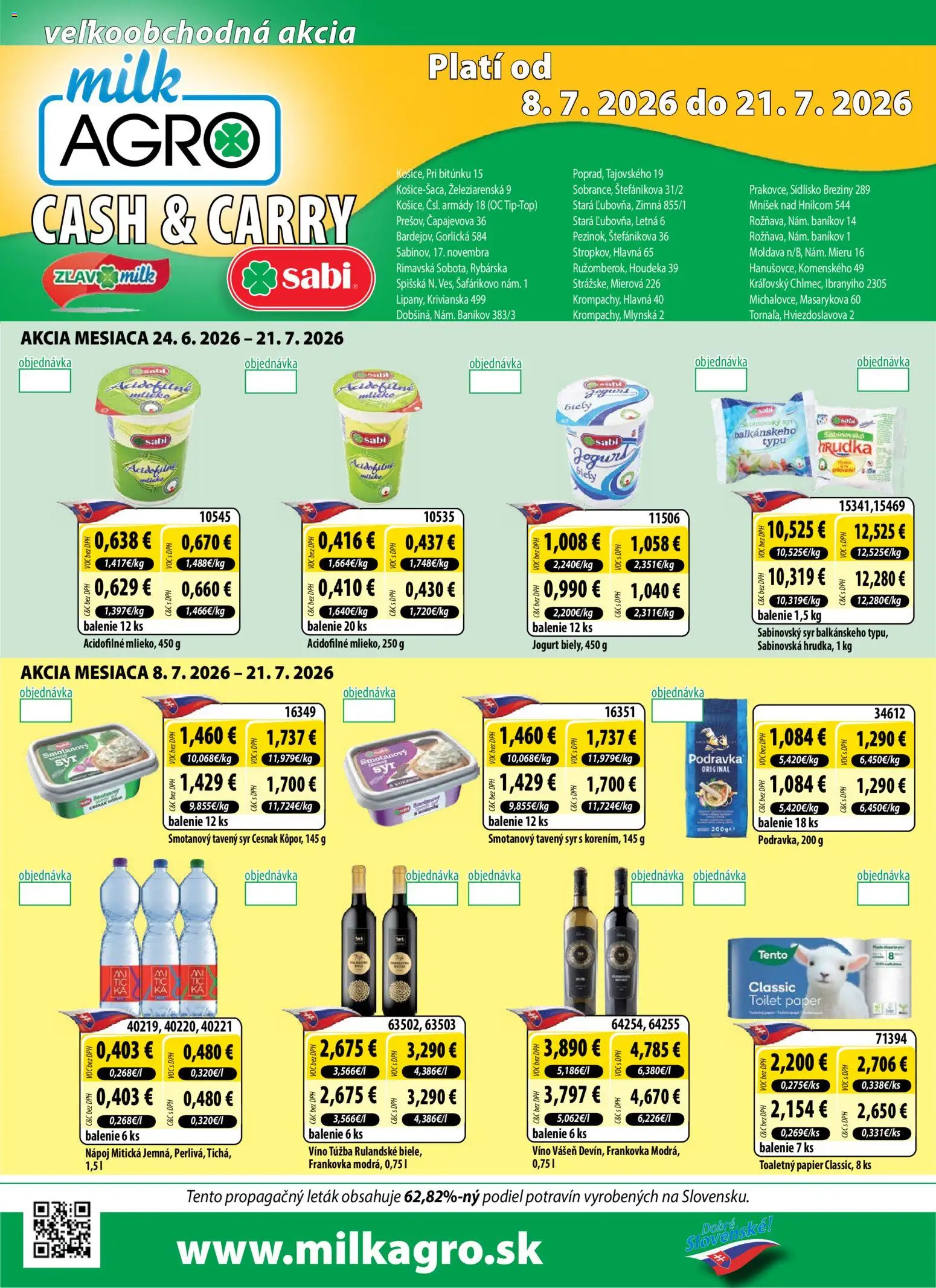 Nové Milk Agro akcie – leták je platný od 08.07.2026 | Strana: 1 | Produkty: Jogurt, Víno, Toaletný papier, Cesnak