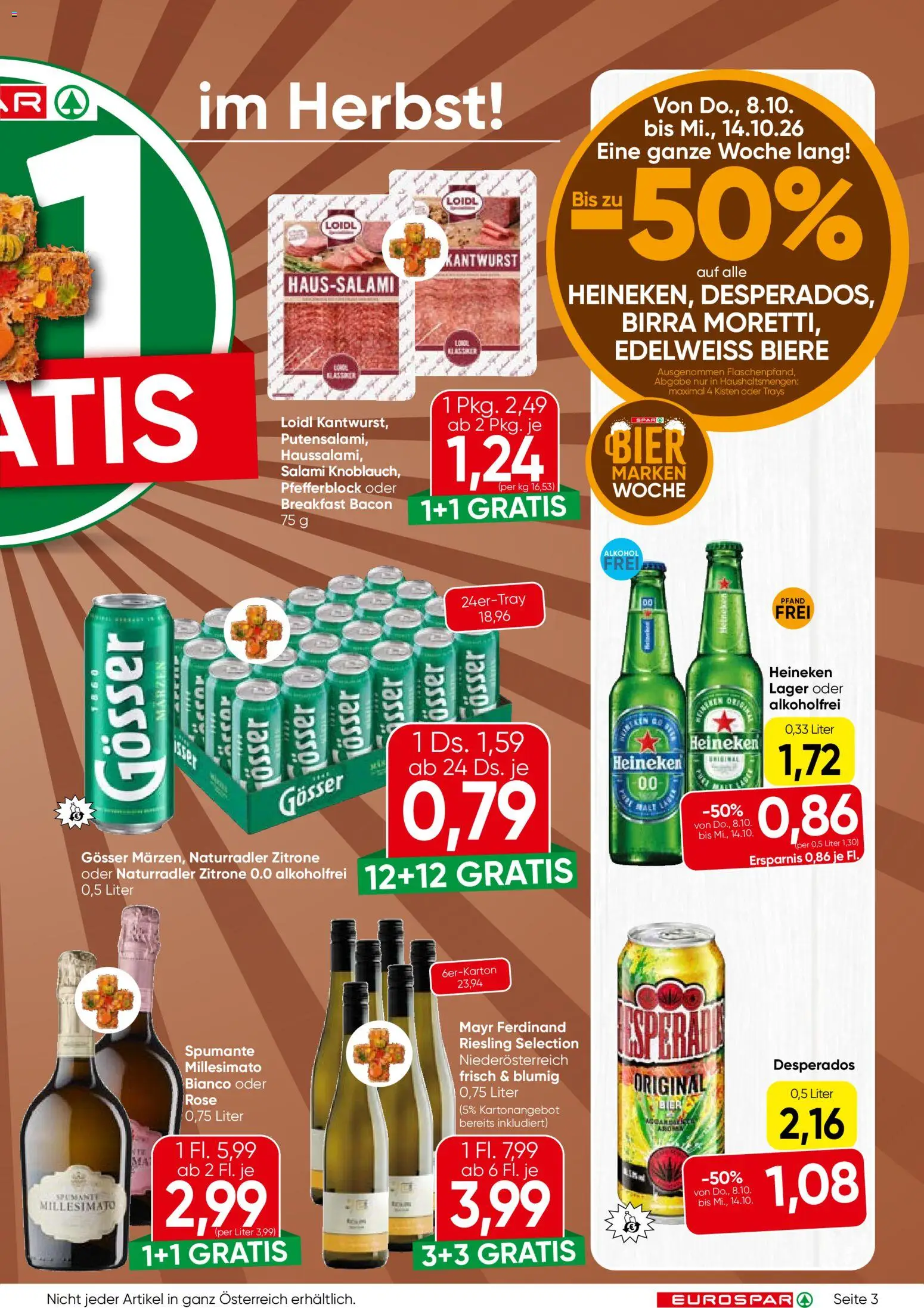 Eurospar Flugblatt gültig ab 08.10.2026 | Seite: 3 | Produkte: Desperados, Zitrone, Salami, Bier
