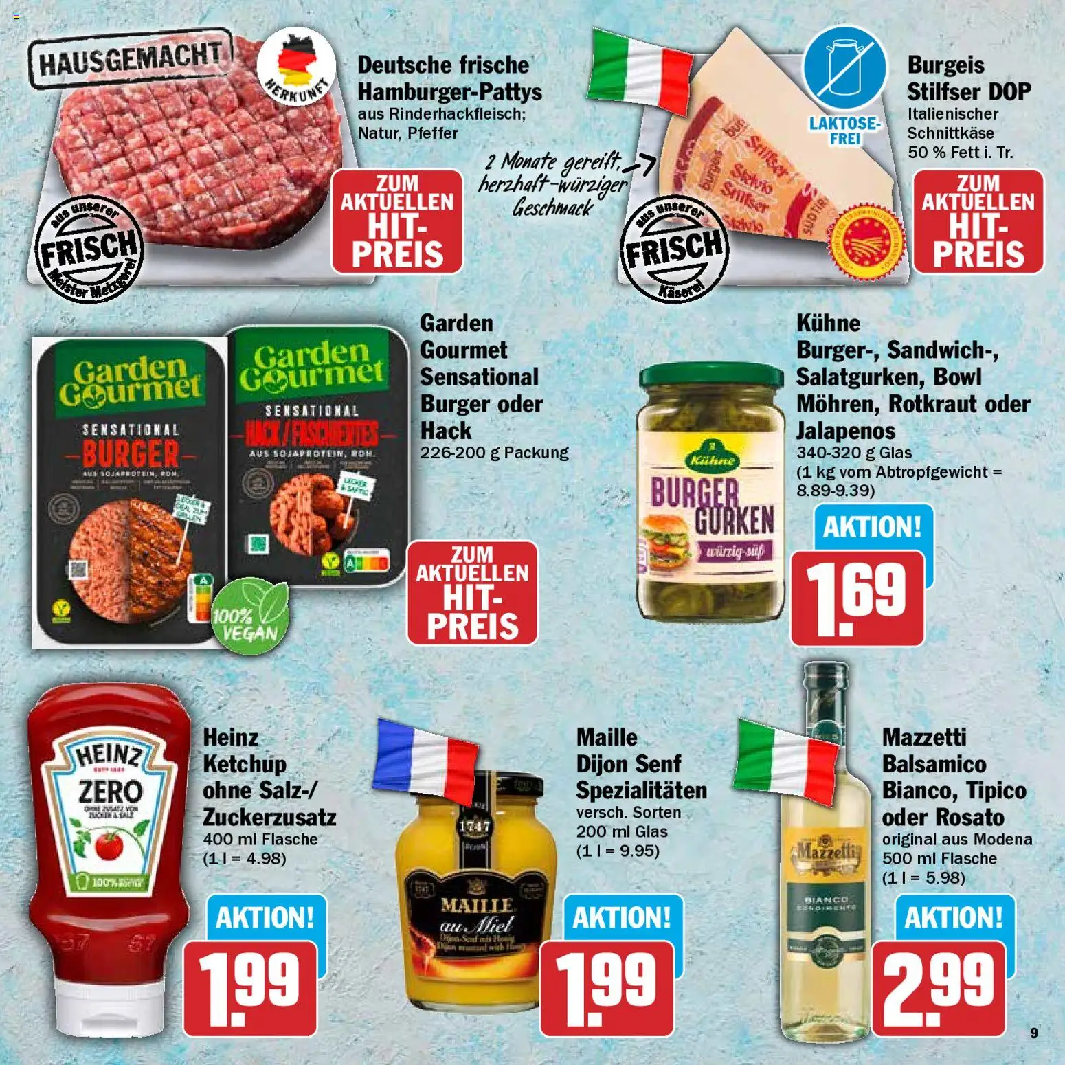 HIT Grillbroschüre – gültig ab 10.08.2026 | Seite: 9 | Produkte: Balsamico, Burger, Pfeffer, Gurken