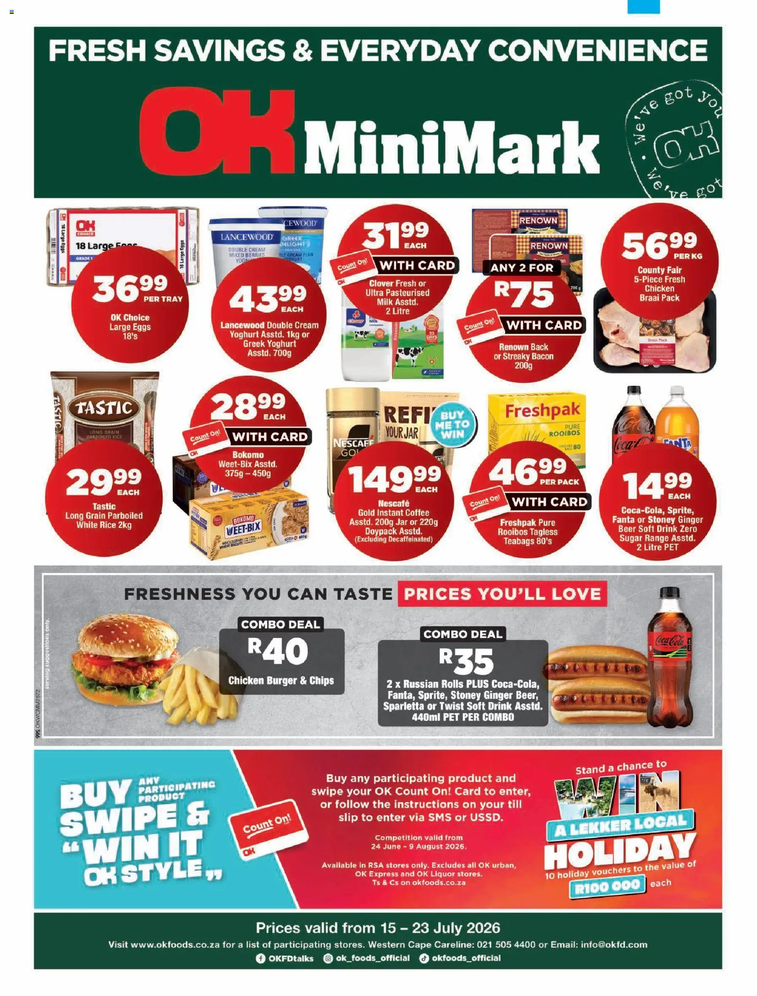New OK Foods catalogue – valid from 15/07/2026 | Page: 1 | Products: Yoghurt, Milk, Cream, Bacon
