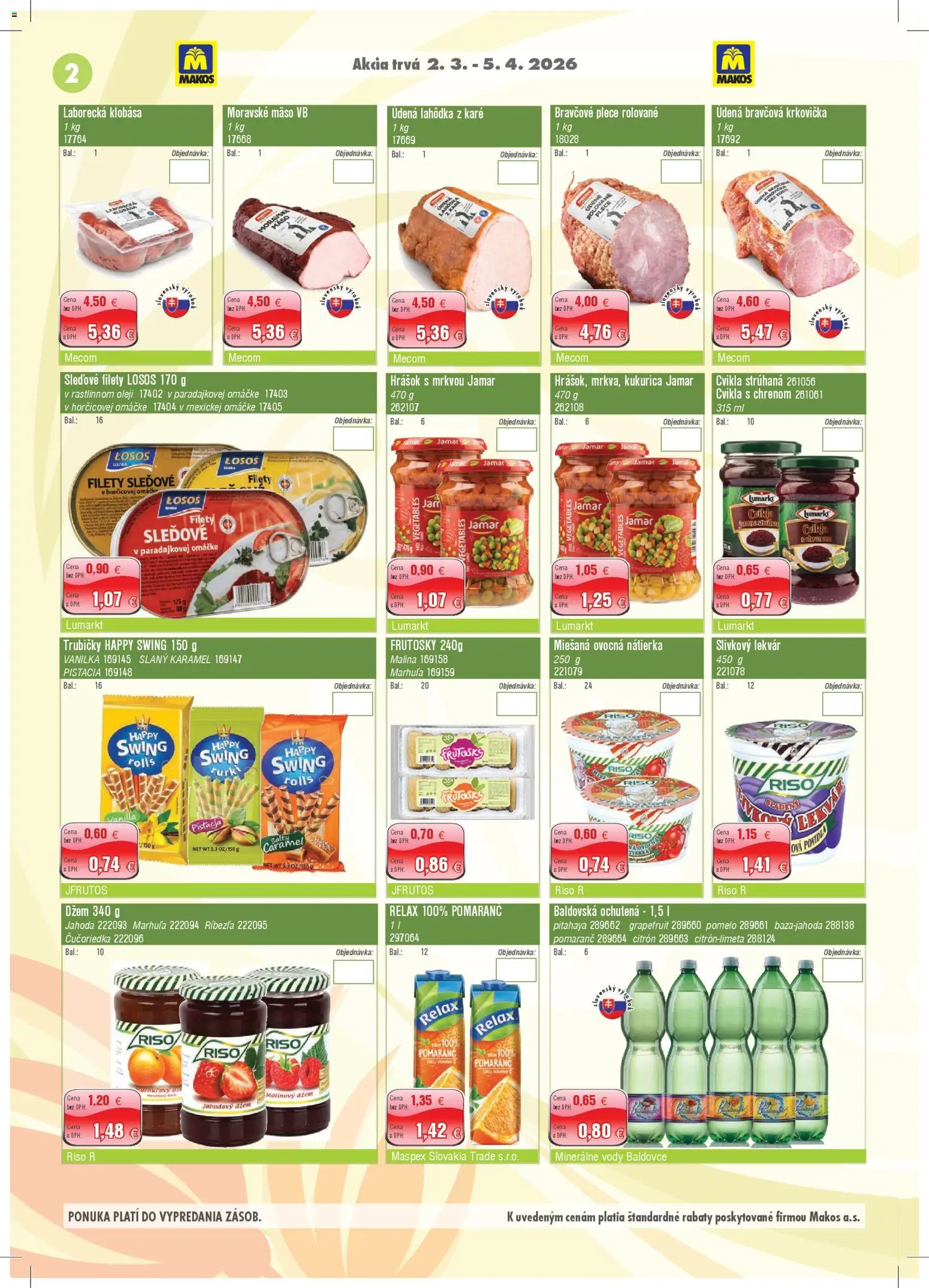 Nové Makos akcie – leták je platný od 02.03.2026 | Strana: 2 | Produkty: Bravčová krkovička, Losos, Kukurica, Baldovská