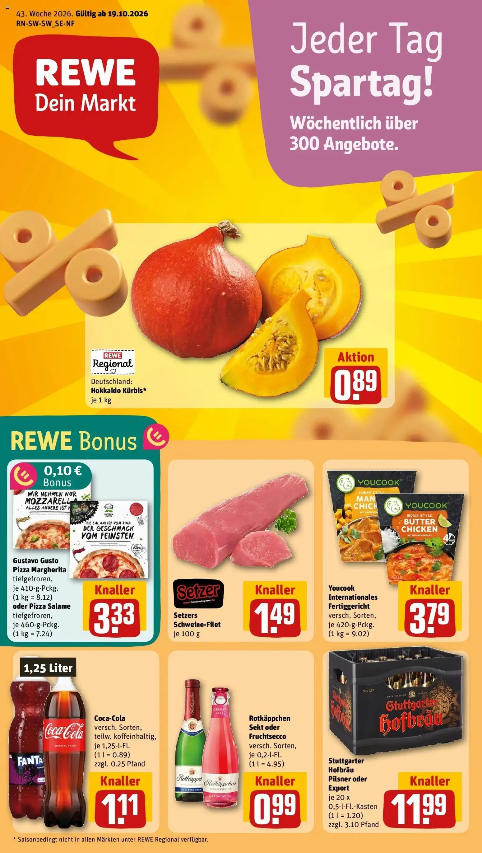 REWE Prospekt ab 19.10.2026 zum Blättern » Angebote | Seite: 1 | Produkte: Gustavo gusto, Butter, Fruchtsecco, Pizza
