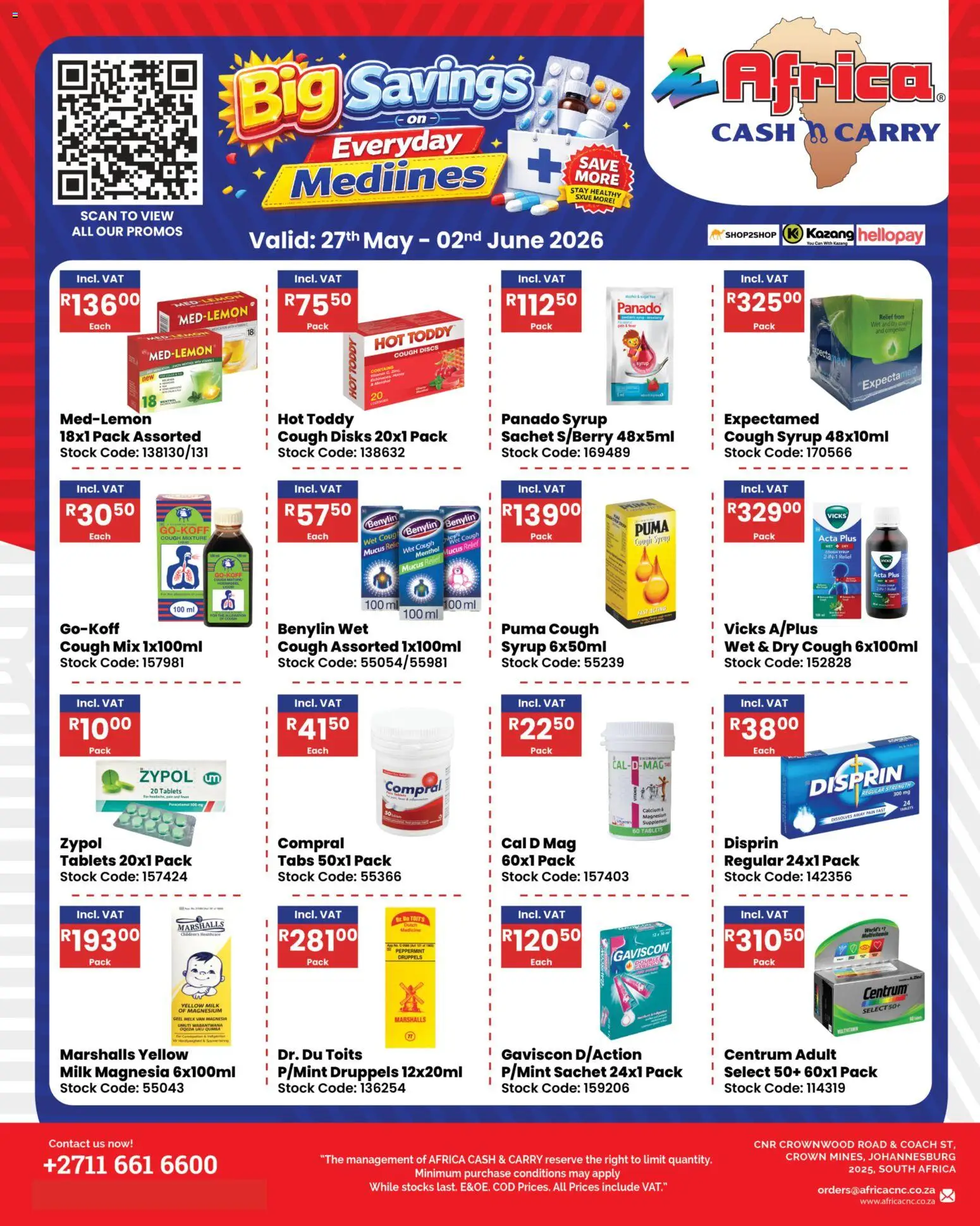 New Africa Cash & Carry catalogue – valid from 27.05.2026 | Page: 1 | Products: Cough syrup, Milk, Syrup, Lemon