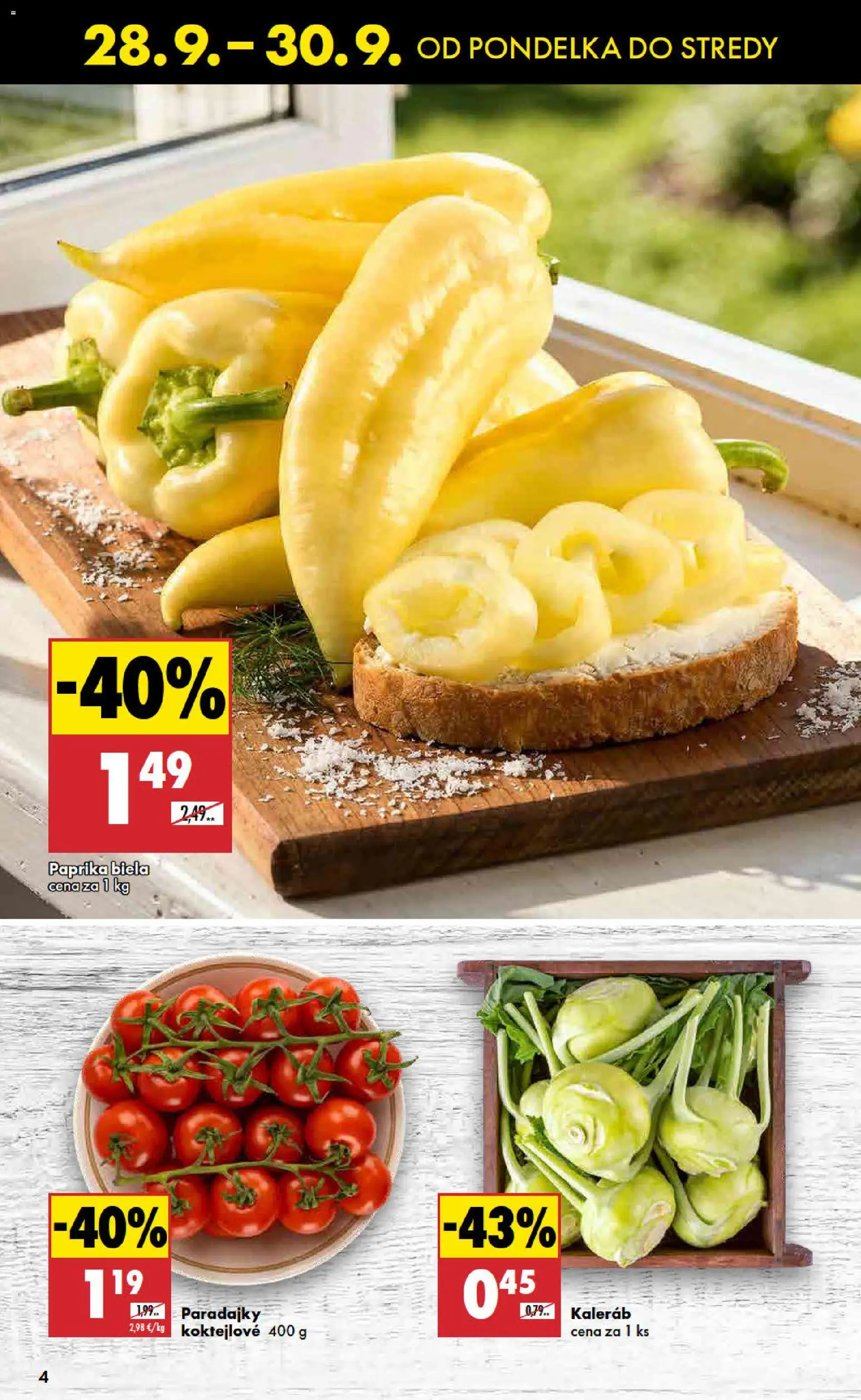 Nové Biedronka akcie – leták je platný od 28.09.2026 | Strana: 4 | Produkty: Paprika, Paradajky, Biela paprika, Kaleráb