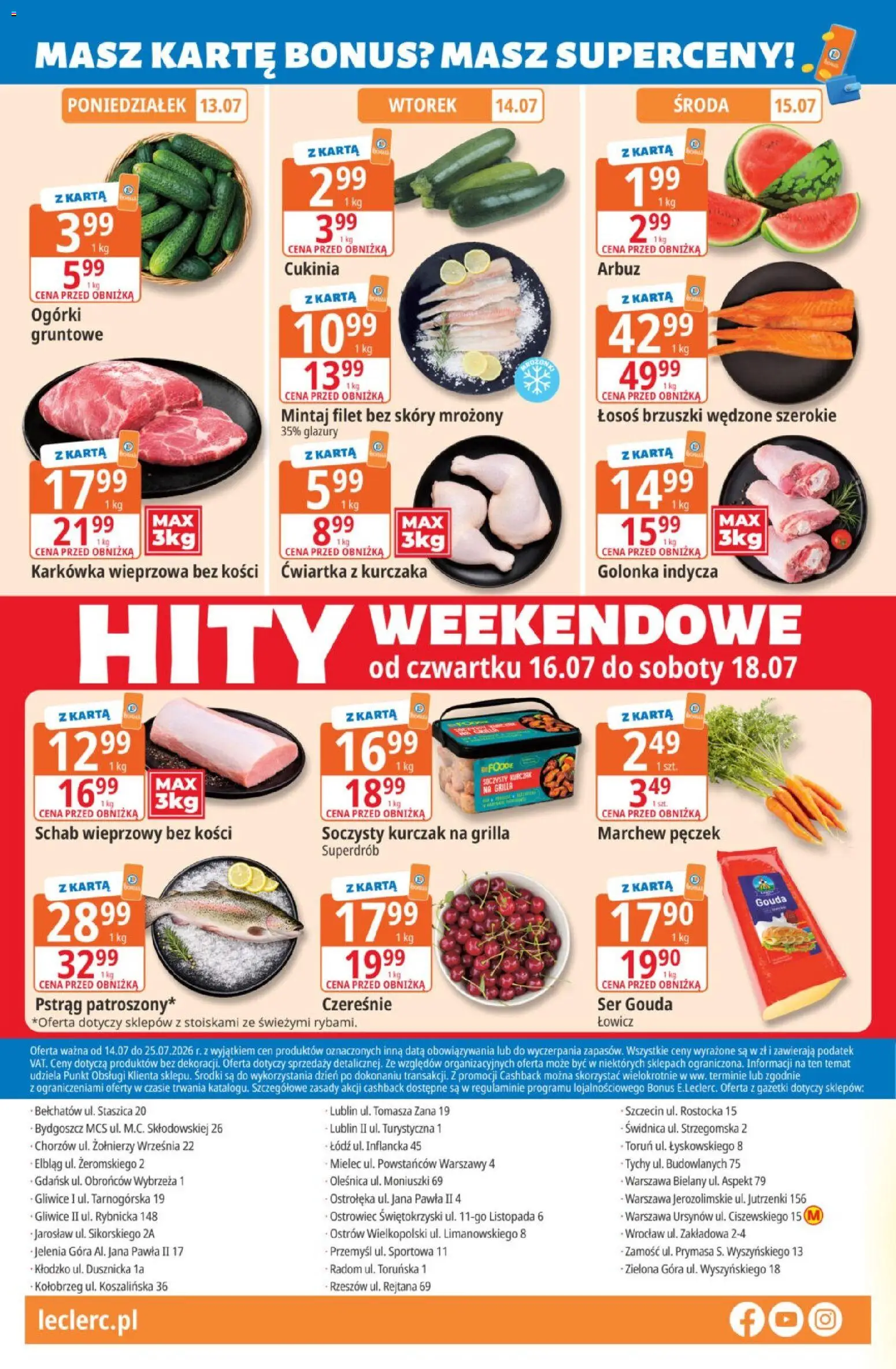 E.Leclerc gazetka od 14.07.2026 | Strona: 28 | Produkty: Arbuz, Karkówka wieprzowa, Schab wieprzowy bez kości, Czereśnie