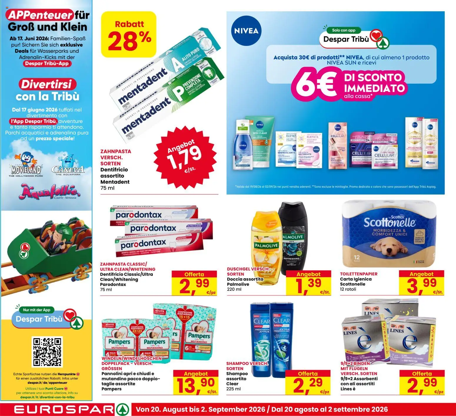 Volantino Eurospar del 20/08/2026 | Pagina: 18 | Prodotti: Dentifricio, The, Pampers, Doccia