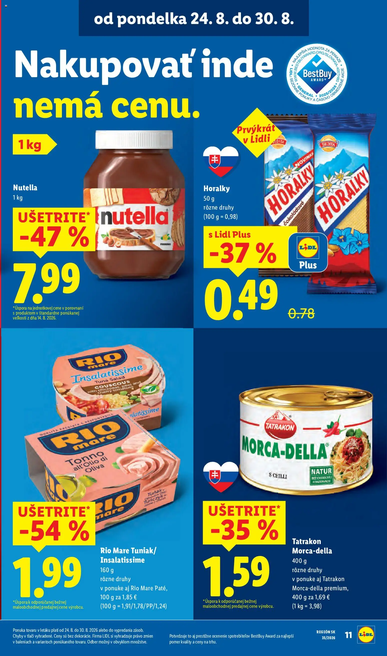 Nové Lidl akcie – leták je platný od 24.08.2026 | Strana: 15 | Produkty: Nutella 1 kg, Rio Mare, Horálky, Nutella