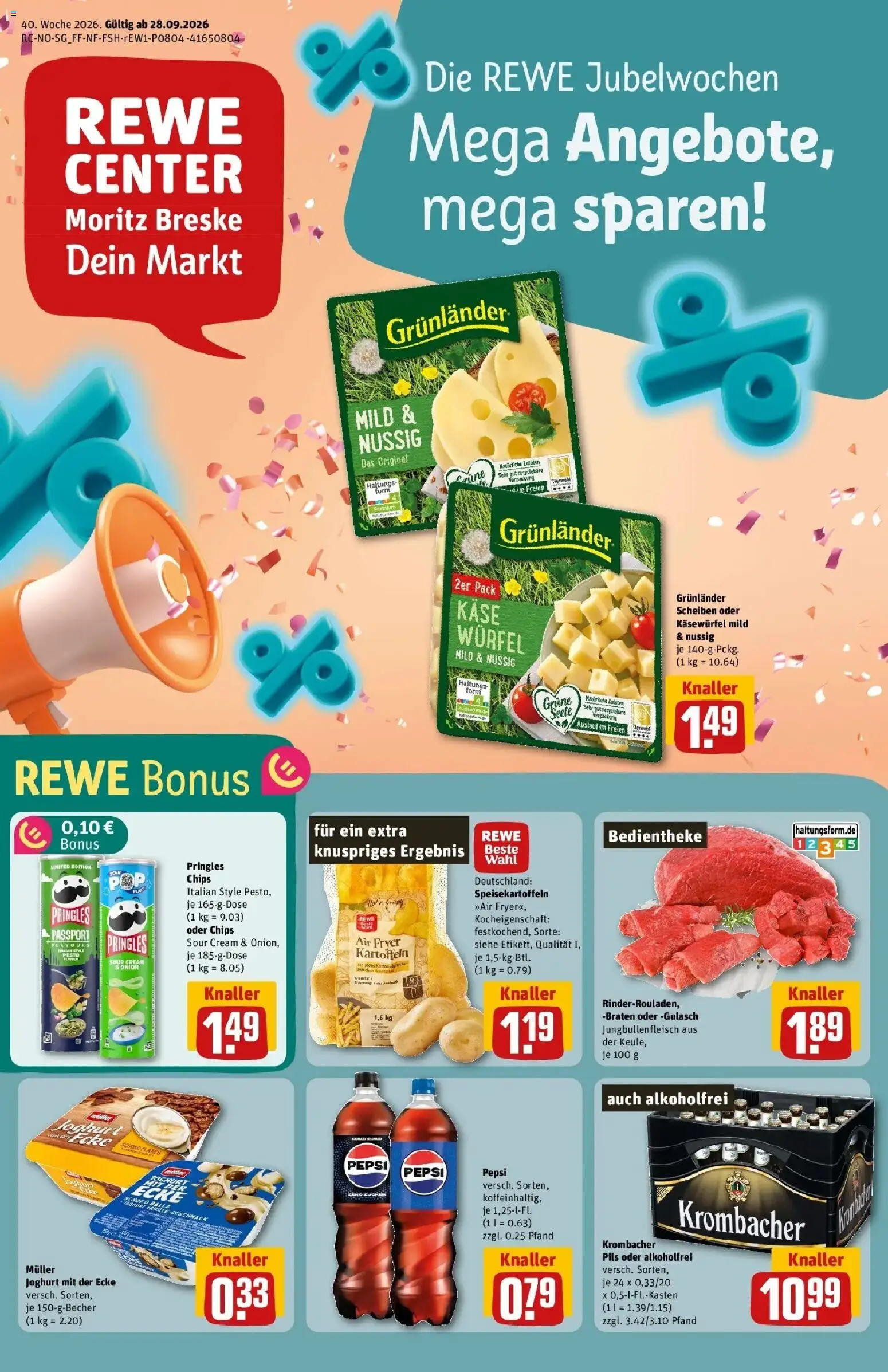 REWE Prospekt ab 28.09.2026 zum Blättern » Angebote | Seite: 1 | Produkte: Käse, Kartoffeln, Pepsi, Pringles