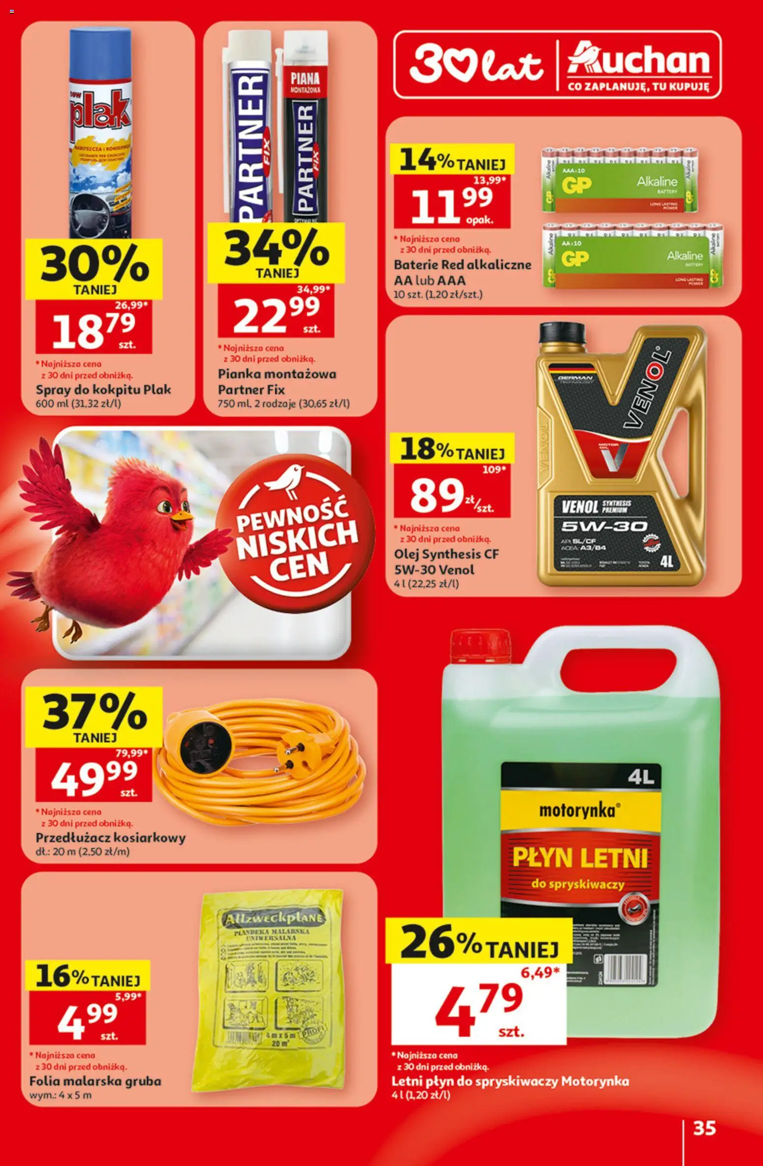 Auchan gazetka - 30 Lat Hipermarket od 09.07.2026 | Strona: 35 | Produkty: Baterie, Przedłużacz, Płyn do spryskiwaczy, Olej