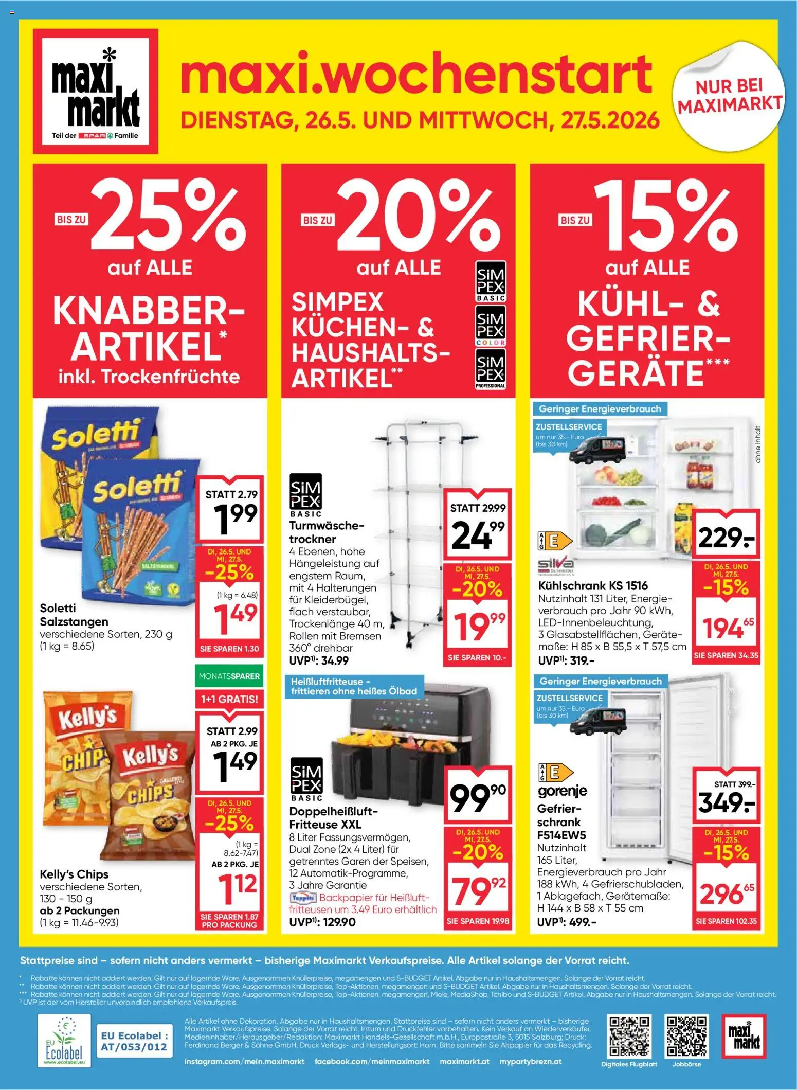 Maximarkt Flugblatt gültig ab 21.05.2026 | Seite: 24 | Produkte: Chips, Kühlschrank, Trockner, Schrank
