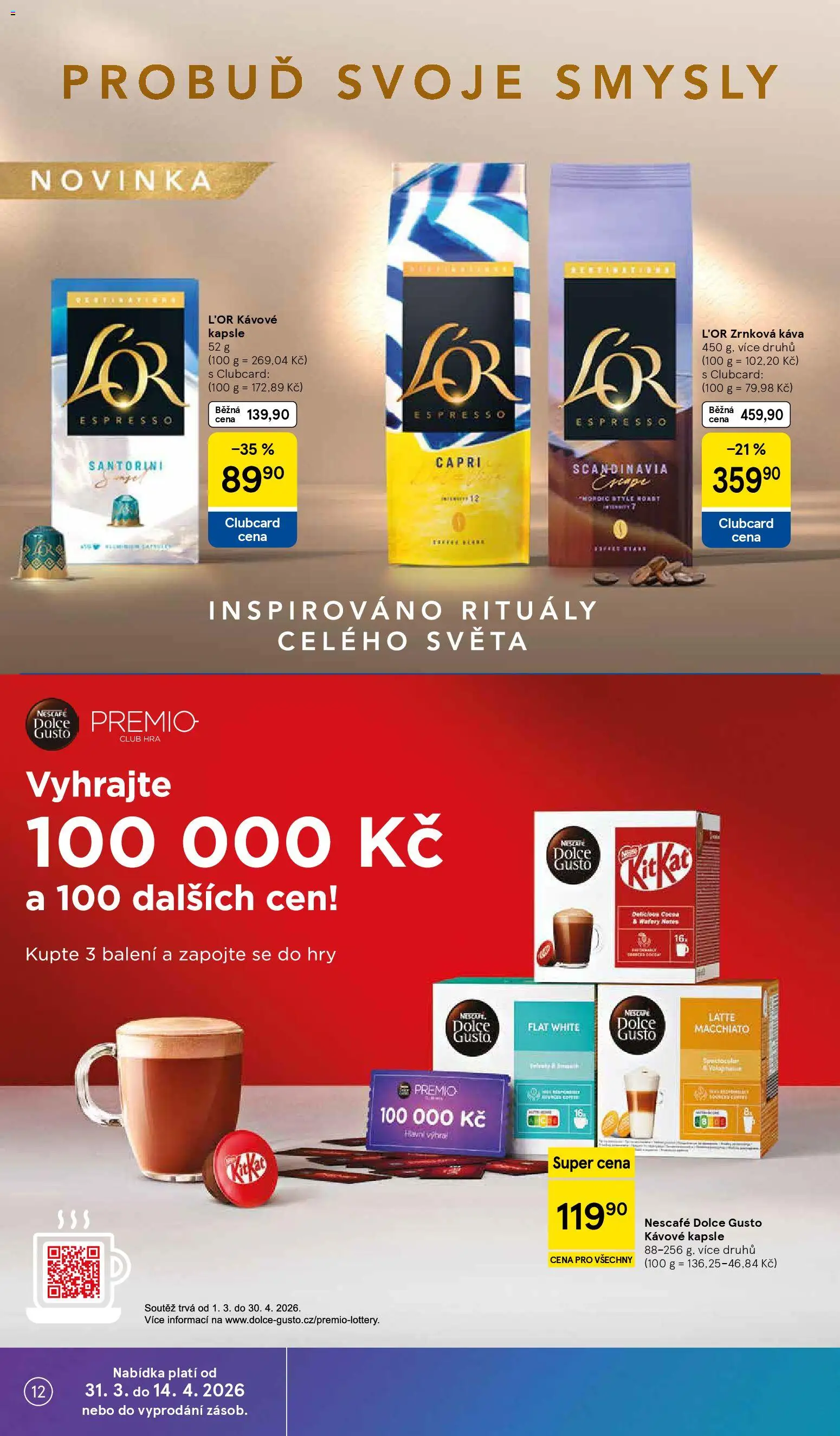 Tesco leták - Hypermarket od 31.03.2026 | Strana: 12 | Produkty: Dolce Gusto, Káva, Kapsle, Zrnková káva