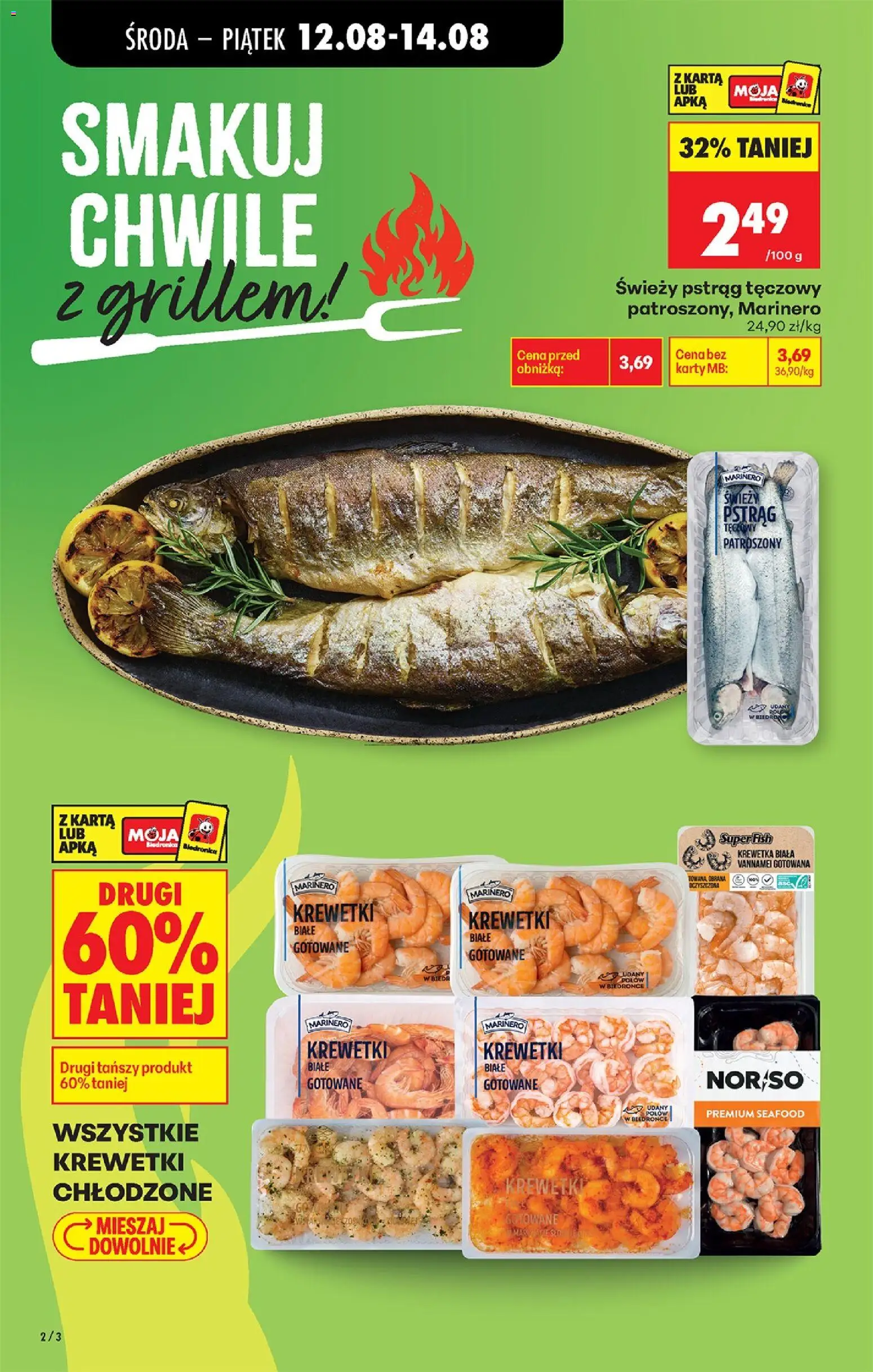 Biedronka gazetka od środy od 12.08.2026 | Strona: 2 | Produkty: Pstrąg tęczowy, Świeży pstrąg, Krewetki, Krewetki białe