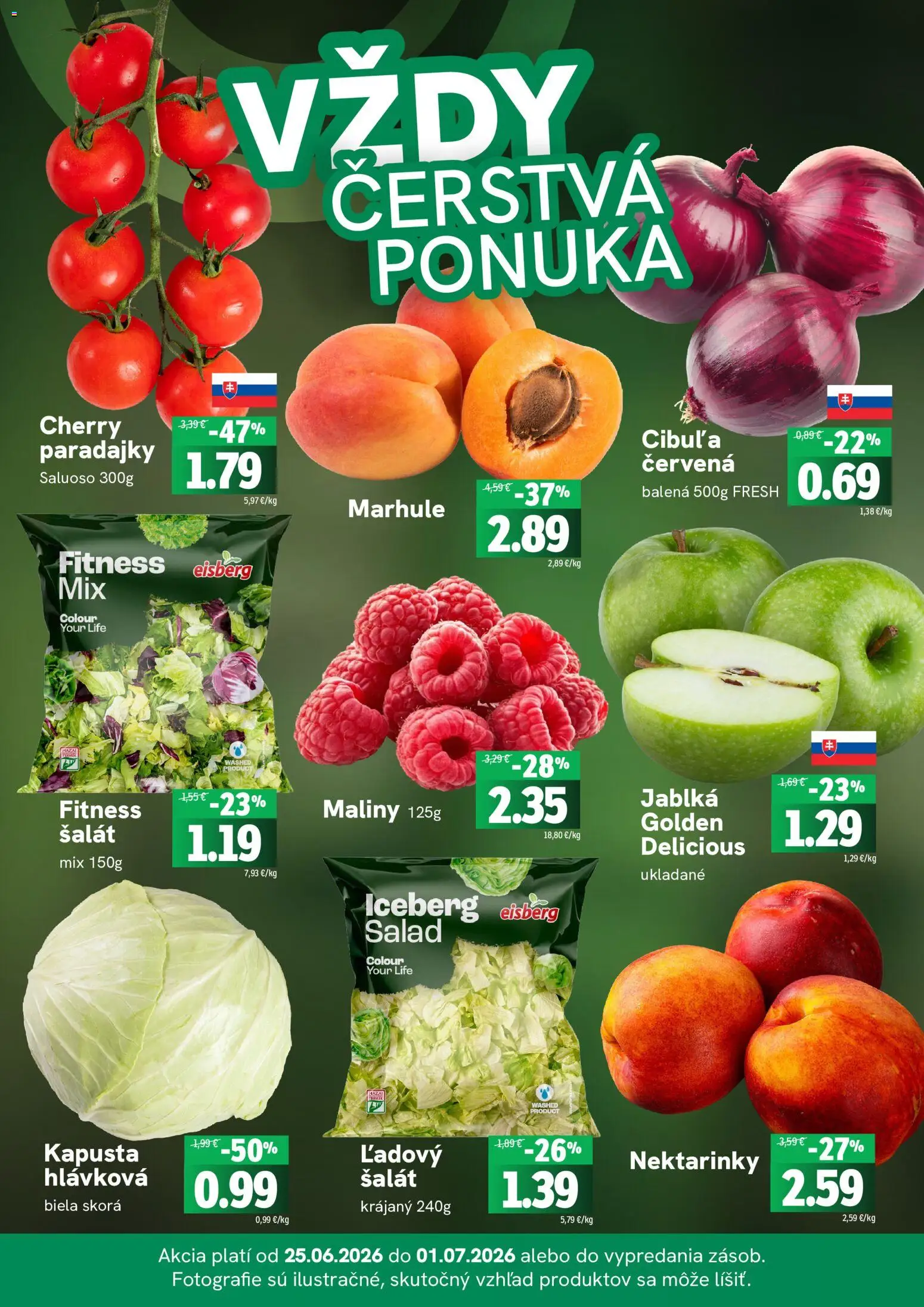 Nové Fresh akcie – leták je platný od 25.06.2026 | Strana: 3 | Produkty: Kapusta, Jablká, Šalát, Maliny