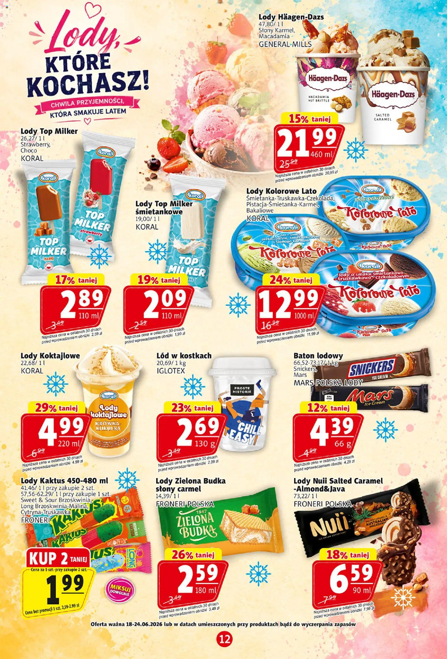 Prim Market gazetka od 18.06.2026 | Strona: 12 | Produkty: Krowka, Baton, Lód w kostkach, Lody