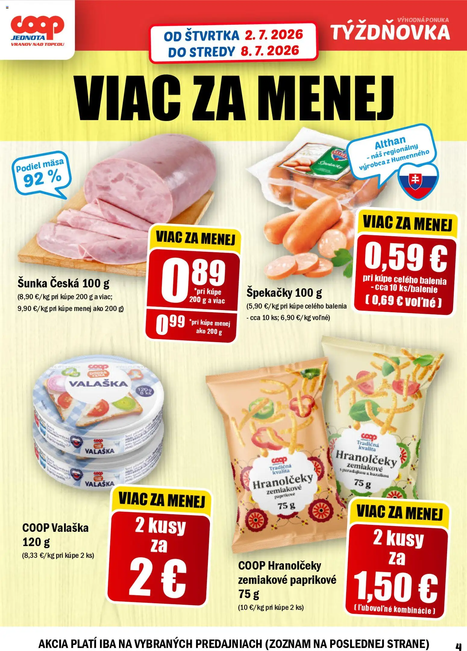 Nové COOP Jednota akcie – leták je platný od 02.07.2026 | Strana: 4 | Produkty: Šunka