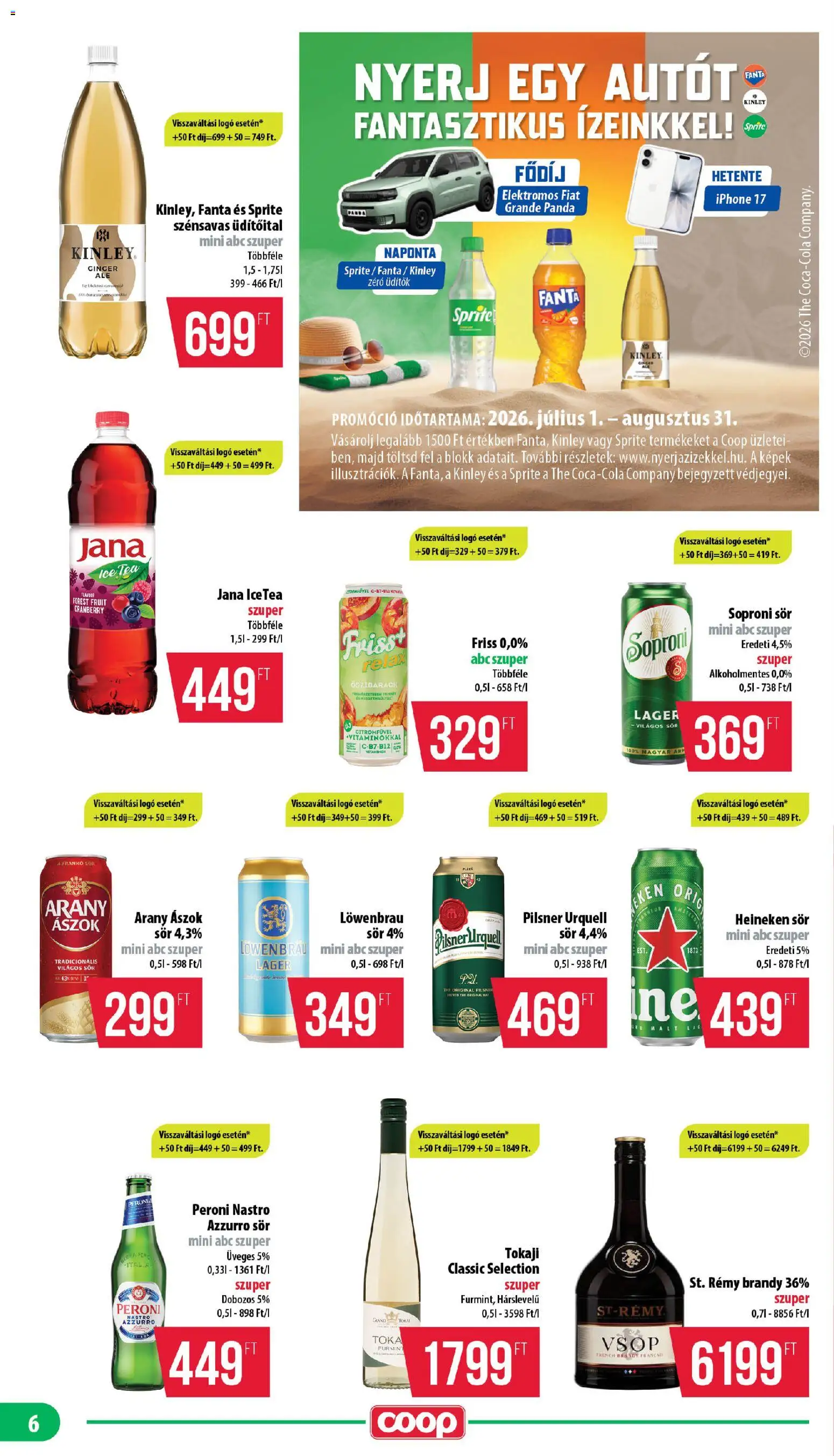 COOP akciós ujság - amely érvényes a következő dátumtól: 2026.08.21. | Oldal: 6 | Termékek: Soproni sör, Löwenbräu, Arany ászok, Brandy